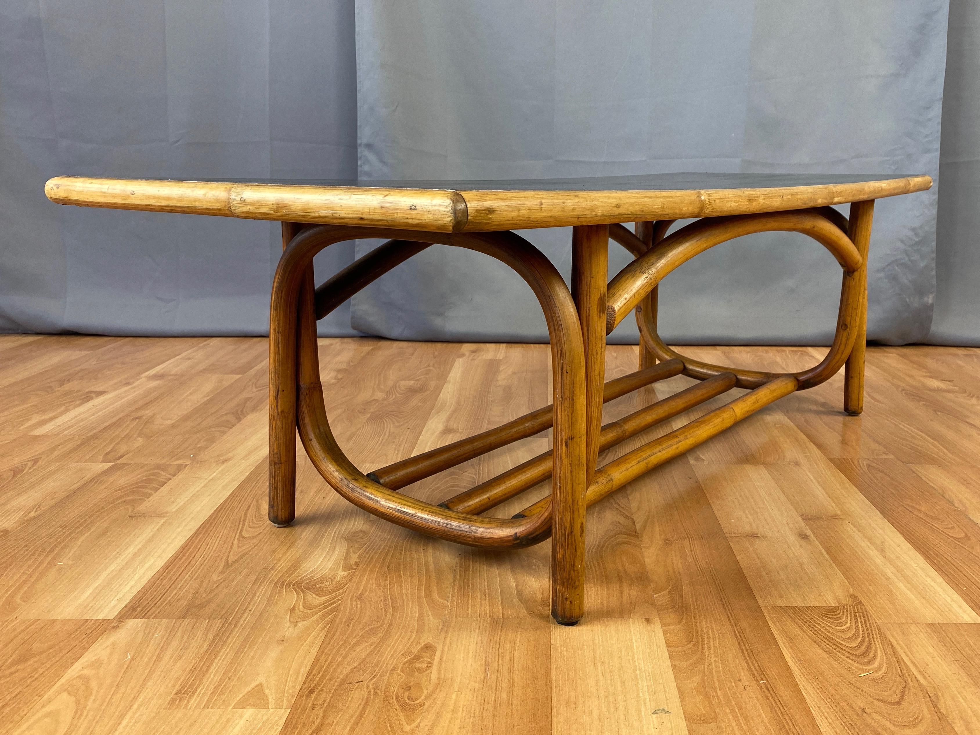 Bent Rattan Coffee Table with Black Lacquered Top, 1950s 4