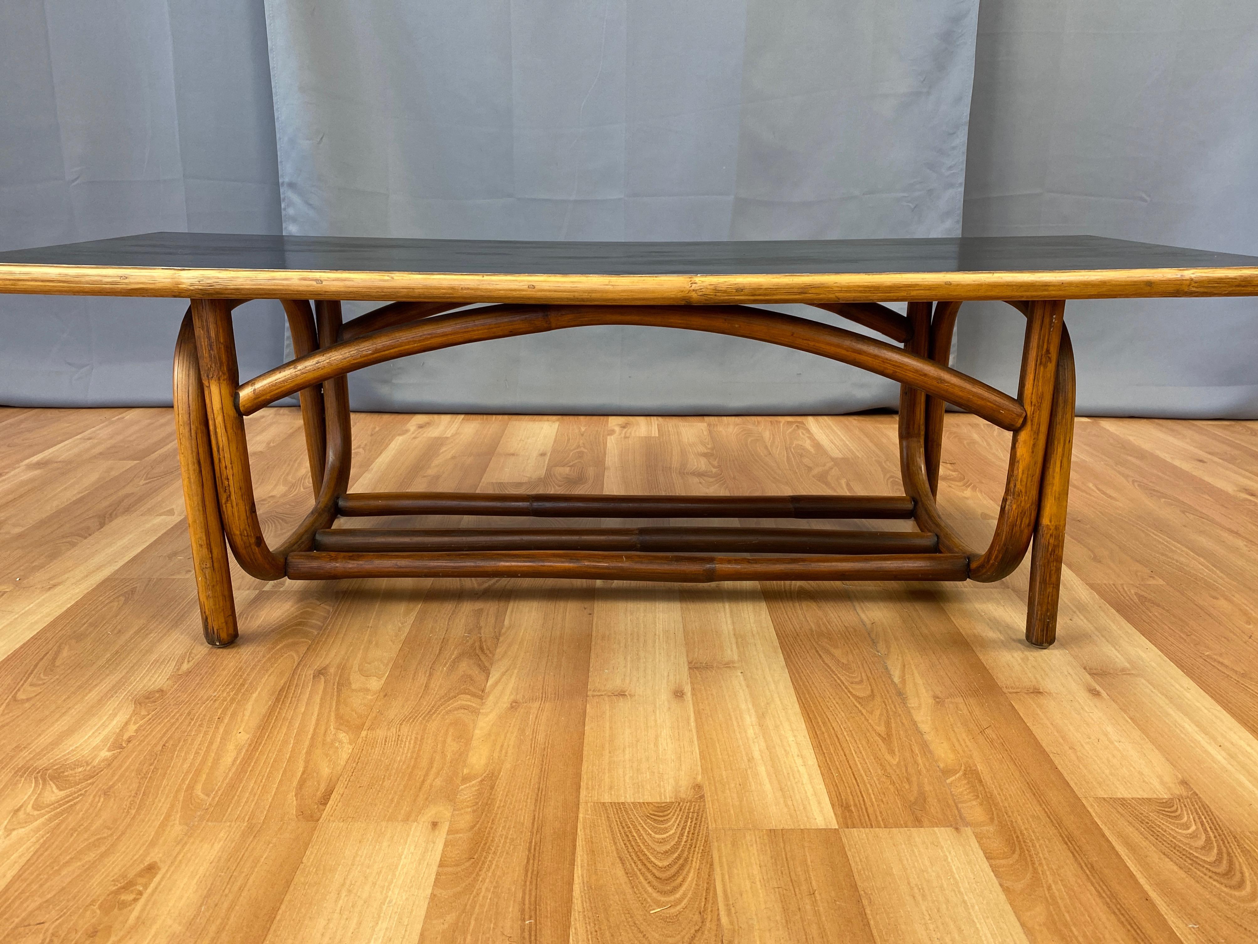 Bent Rattan Coffee Table with Black Lacquered Top, 1950s 5