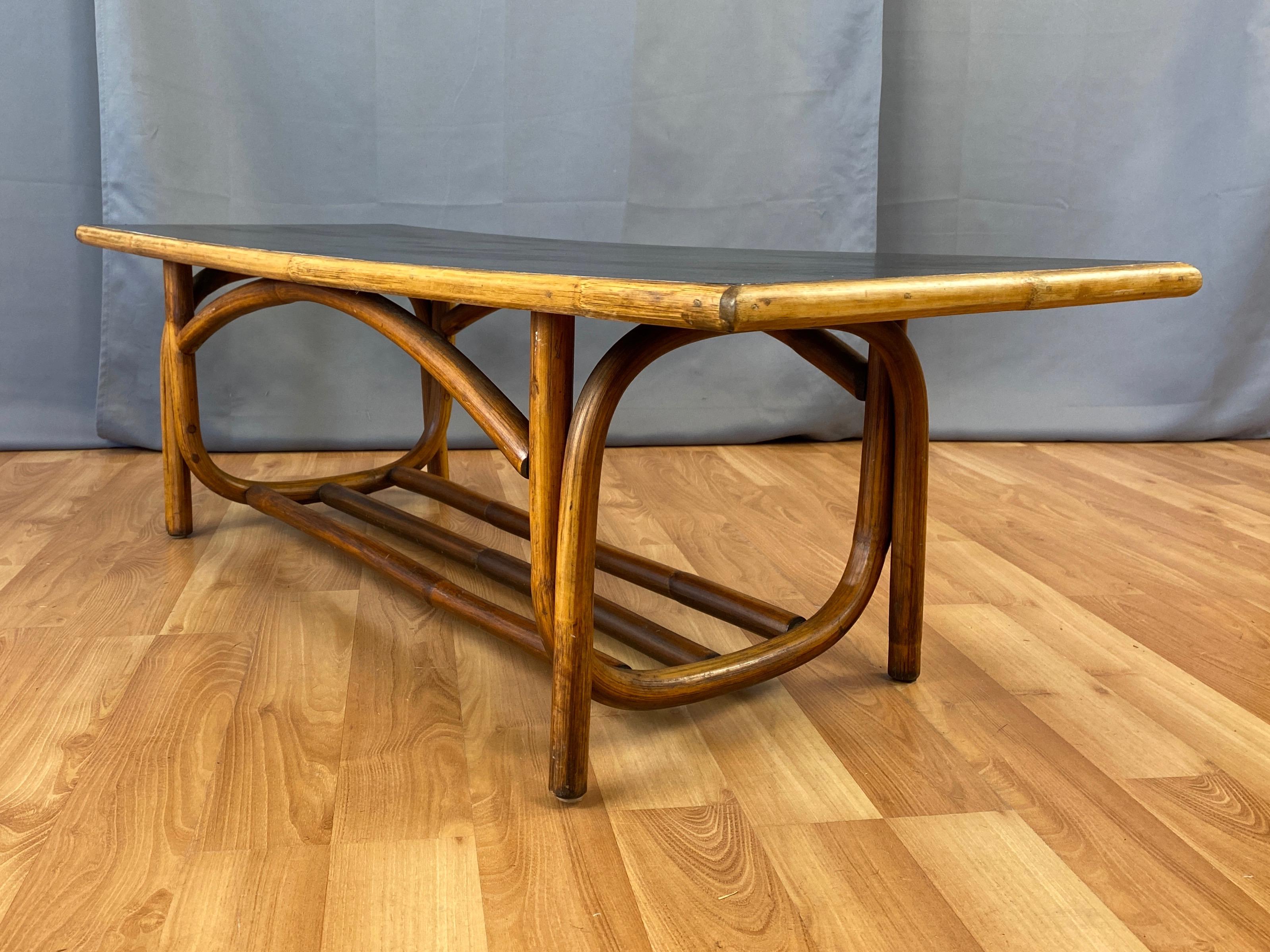 Bent Rattan Coffee Table with Black Lacquered Top, 1950s 6