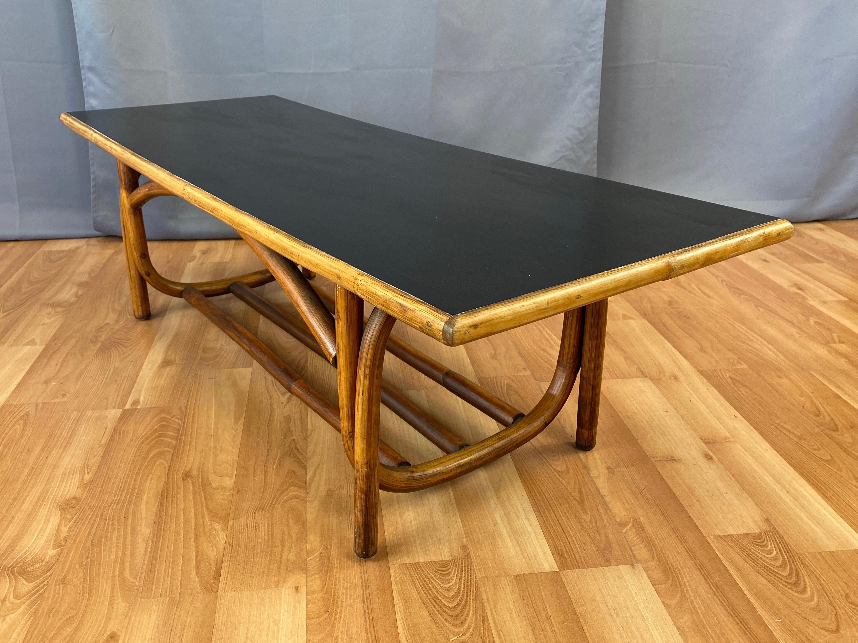 Bent Rattan Coffee Table with Black Lacquered Top, 1950s 7
