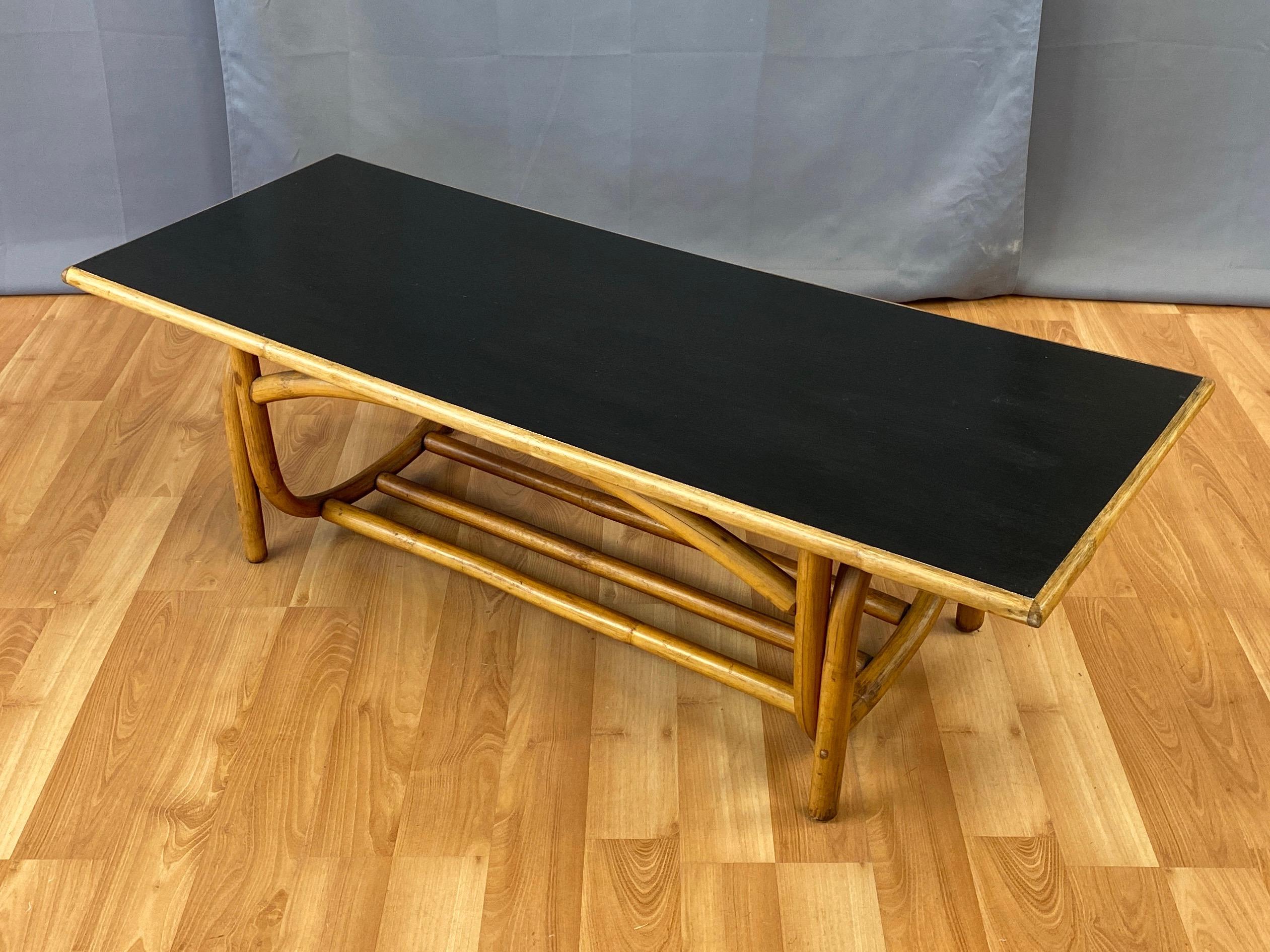 Bent Rattan Coffee Table with Black Lacquered Top, 1950s 8