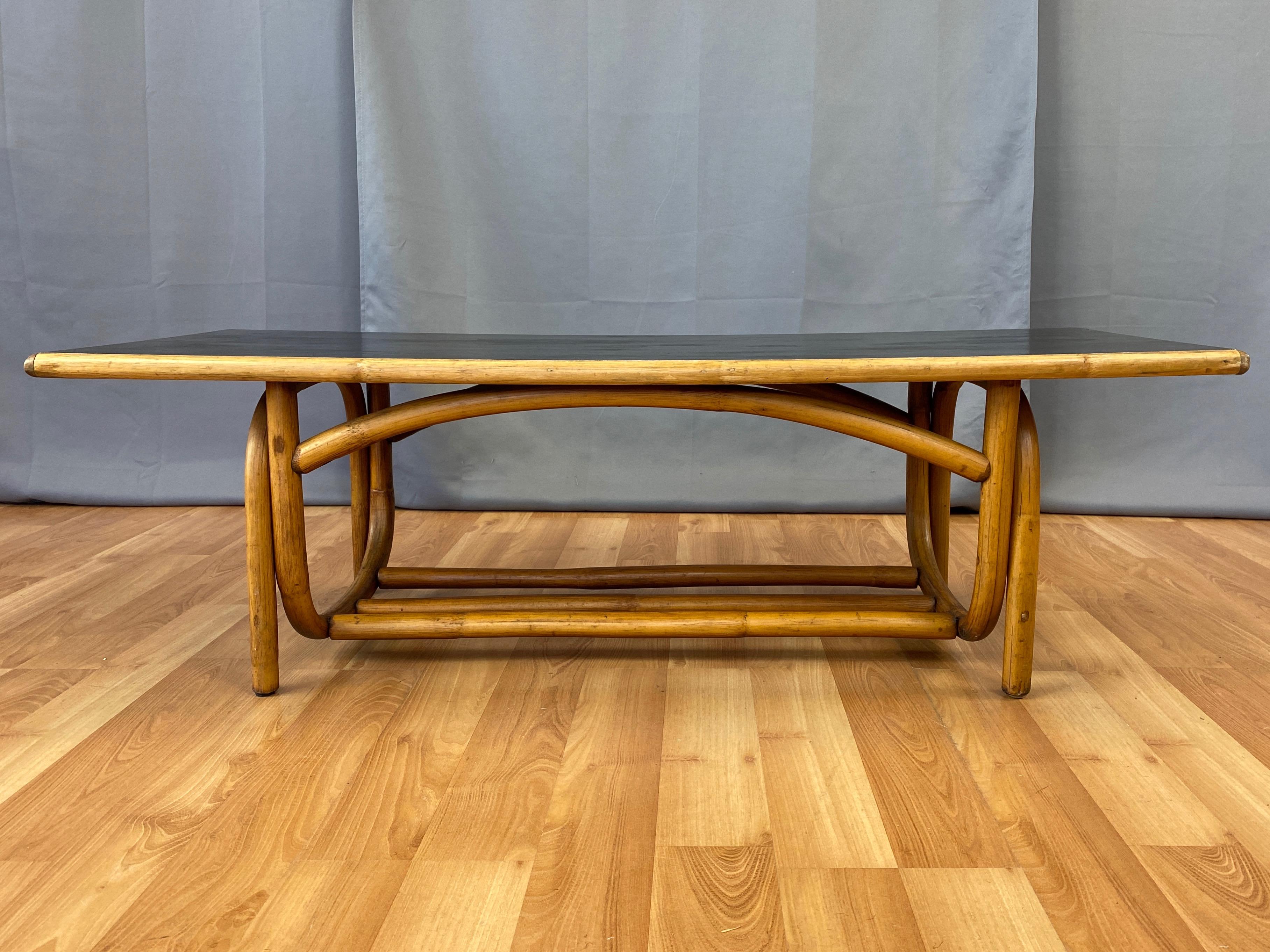 Mid-Century Modern Bent Rattan Coffee Table with Black Lacquered Top, 1950s