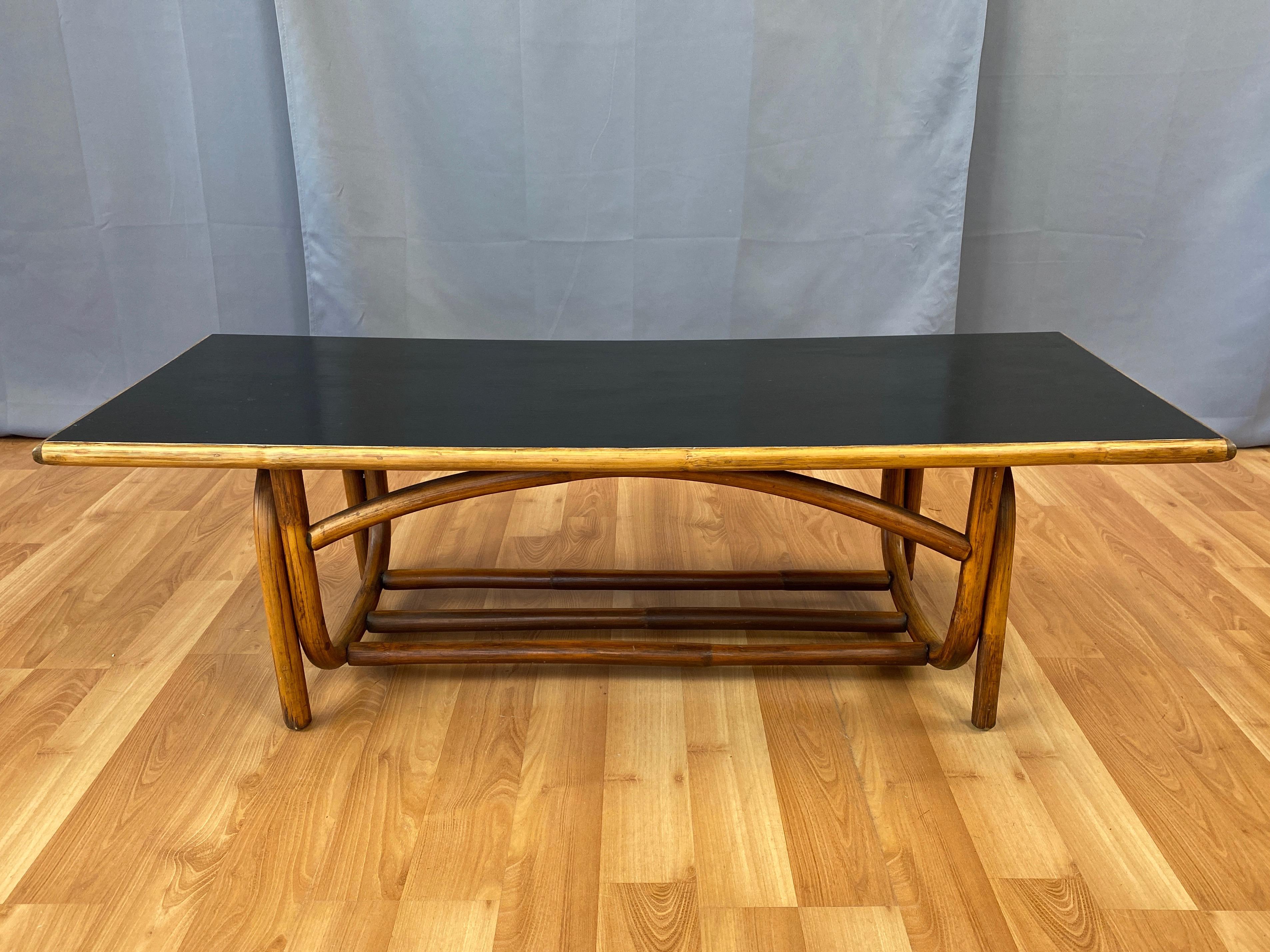 American Bent Rattan Coffee Table with Black Lacquered Top, 1950s