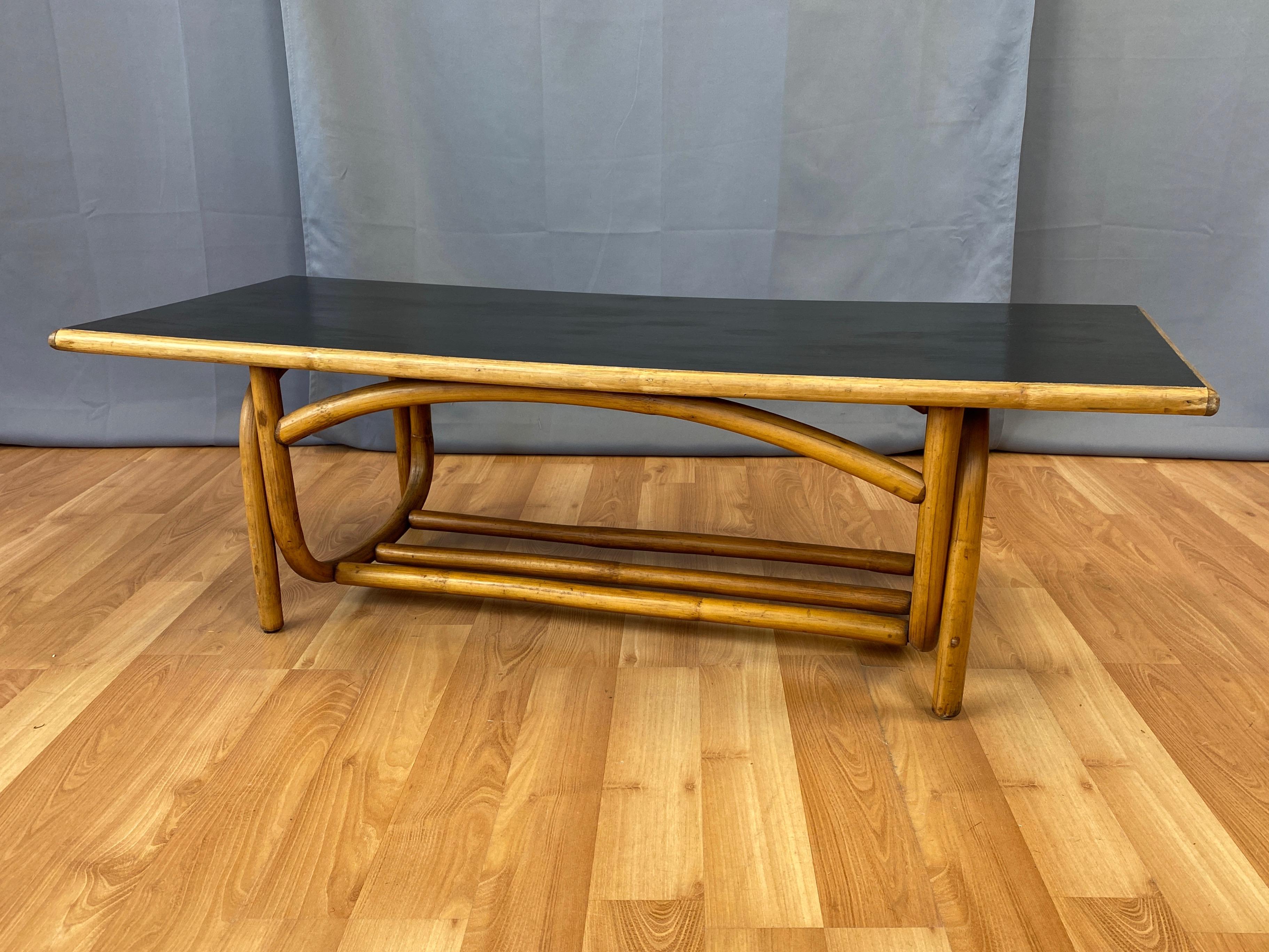 Bent Rattan Coffee Table with Black Lacquered Top, 1950s In Good Condition In San Francisco, CA