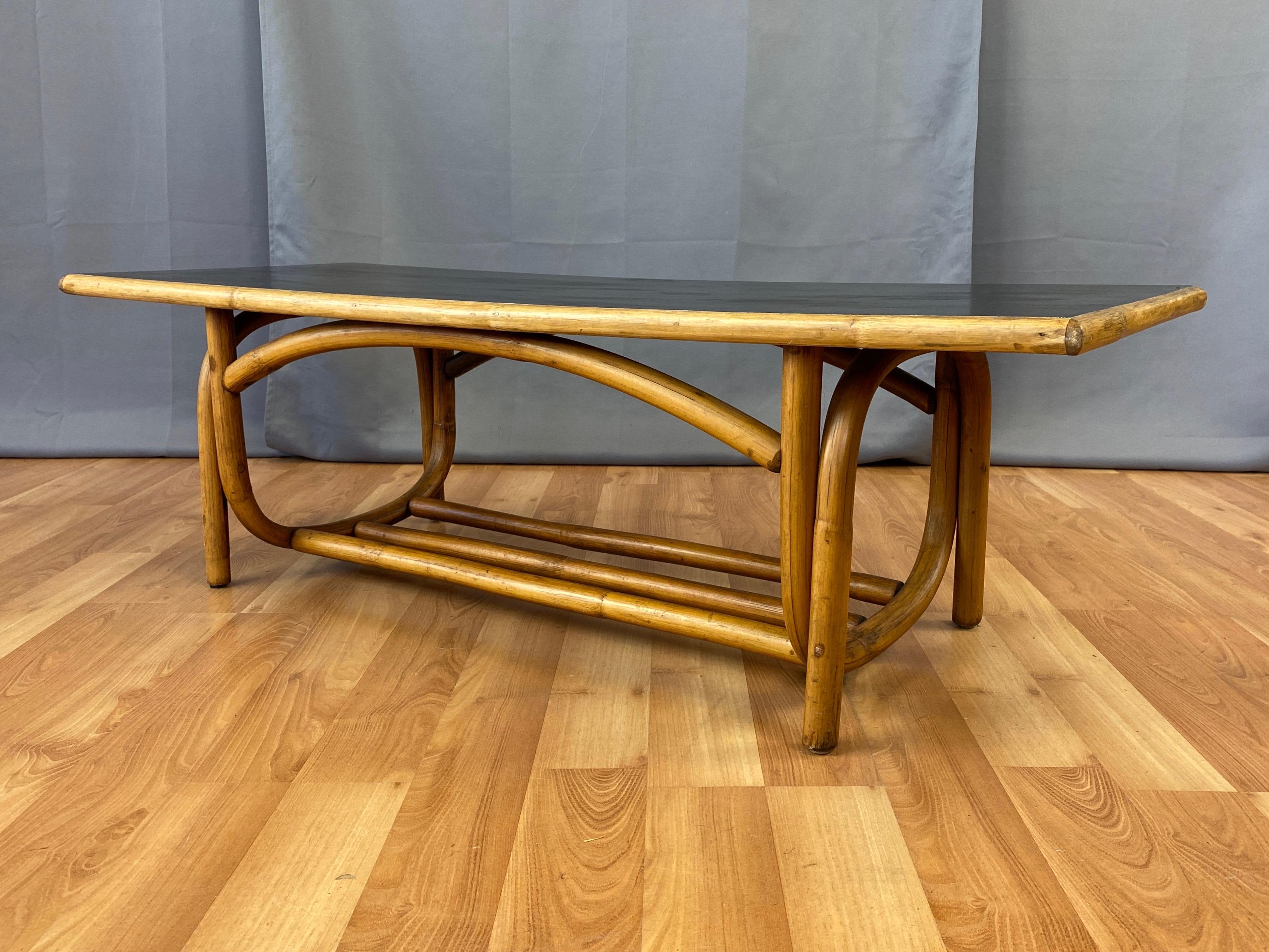 Mid-20th Century Bent Rattan Coffee Table with Black Lacquered Top, 1950s