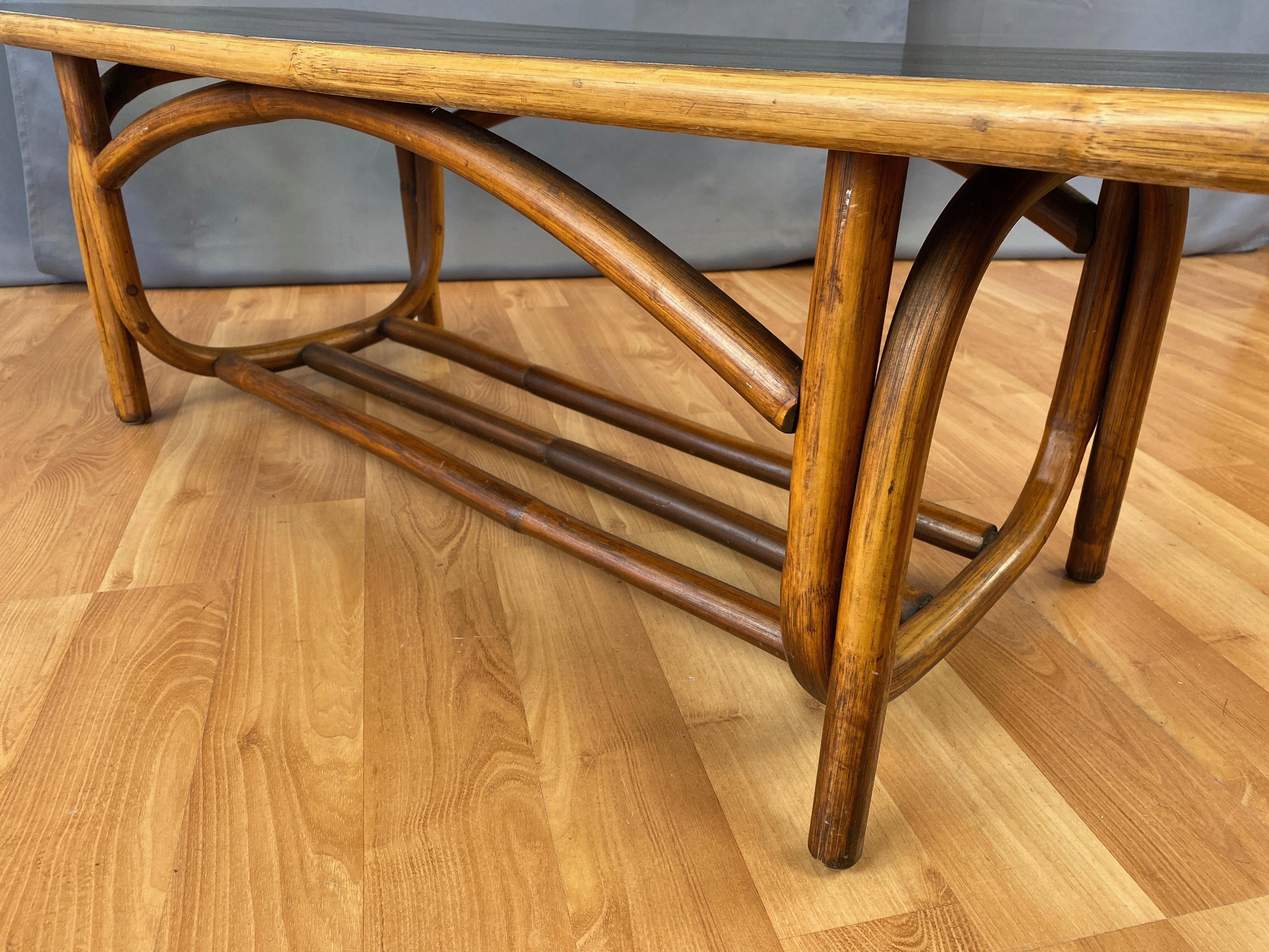 Masonite Bent Rattan Coffee Table with Black Lacquered Top, 1950s