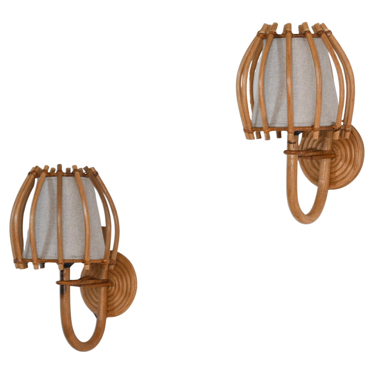 Set of 2 Handcrafted Rattan Wall Sconces, Mid-Century Modern