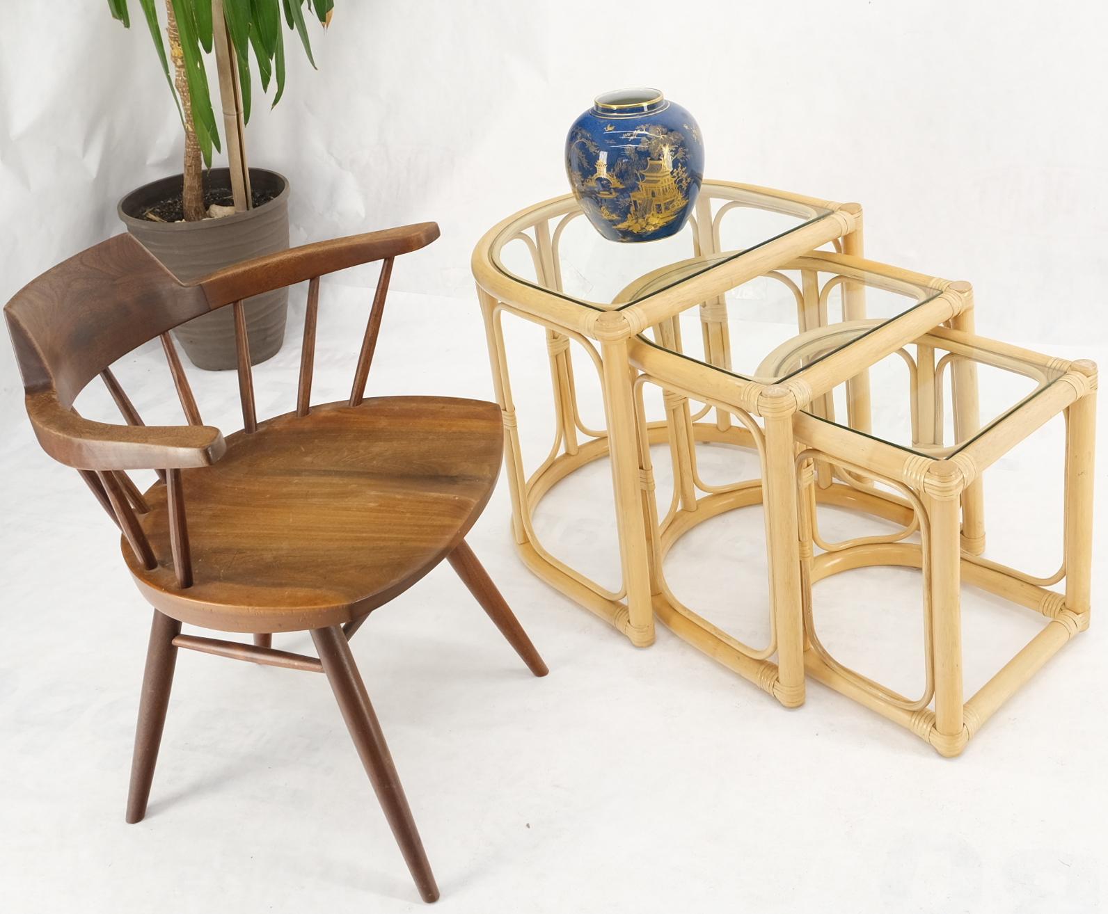 Bent reed bamboo rattan set of three stacking end side occasional tables stands.
