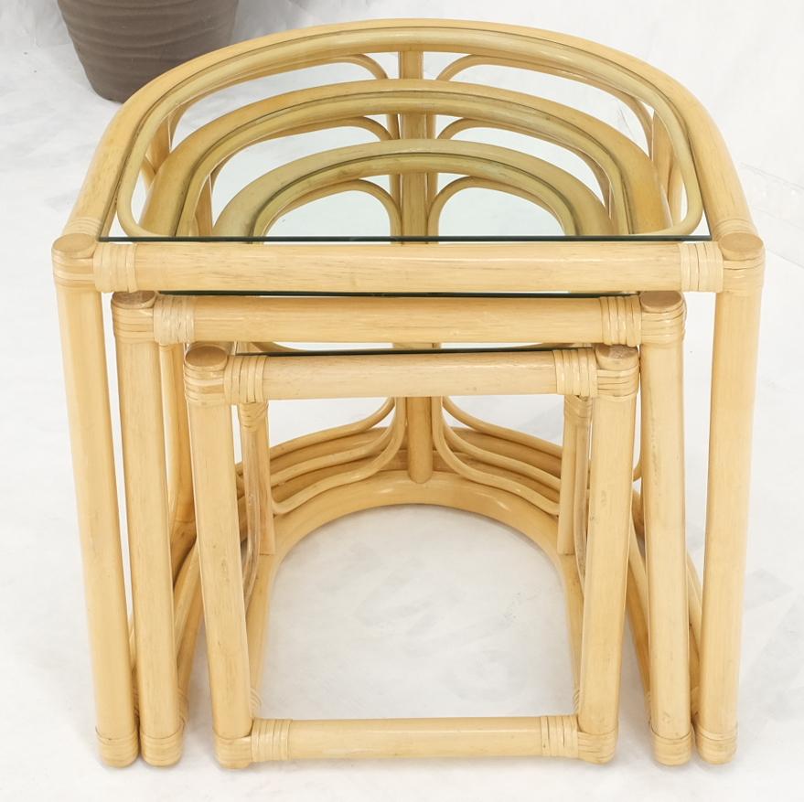 American Bent Reed Bamboo Rattan Set of Three Stacking End Side Occasional Tables Stands For Sale