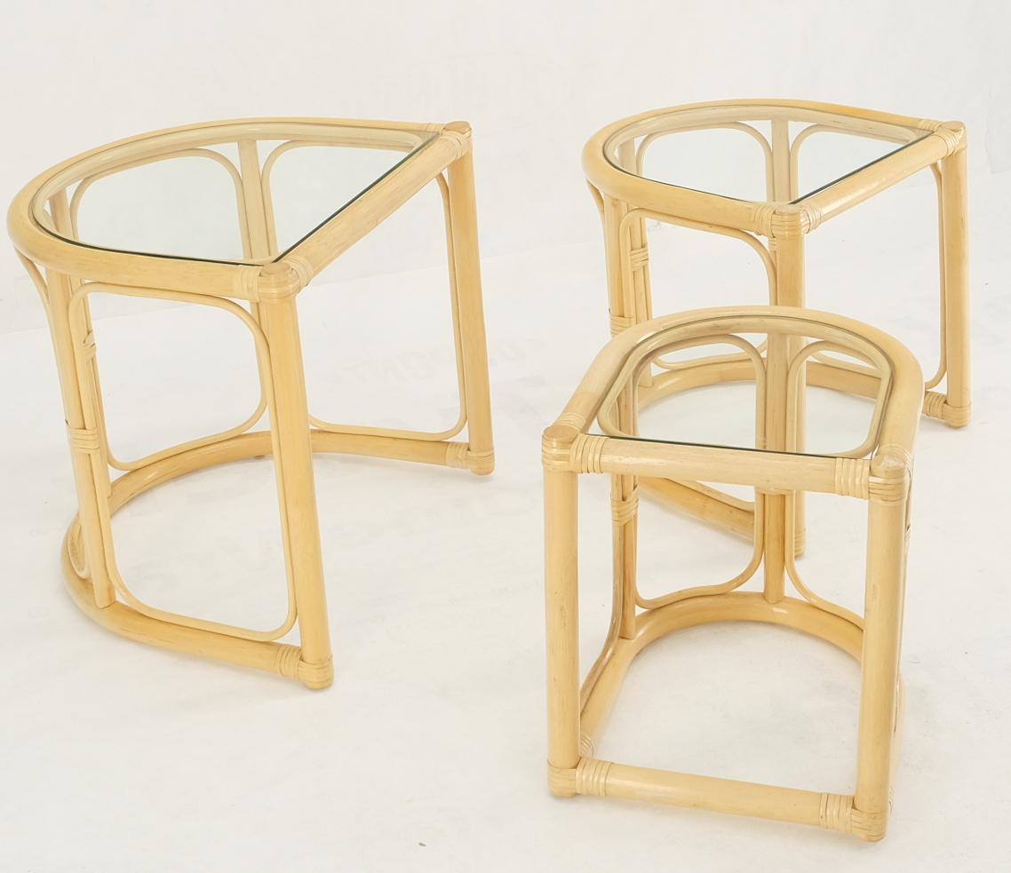 20th Century Bent Reed Bamboo Rattan Set of Three Stacking End Side Occasional Tables Stands For Sale