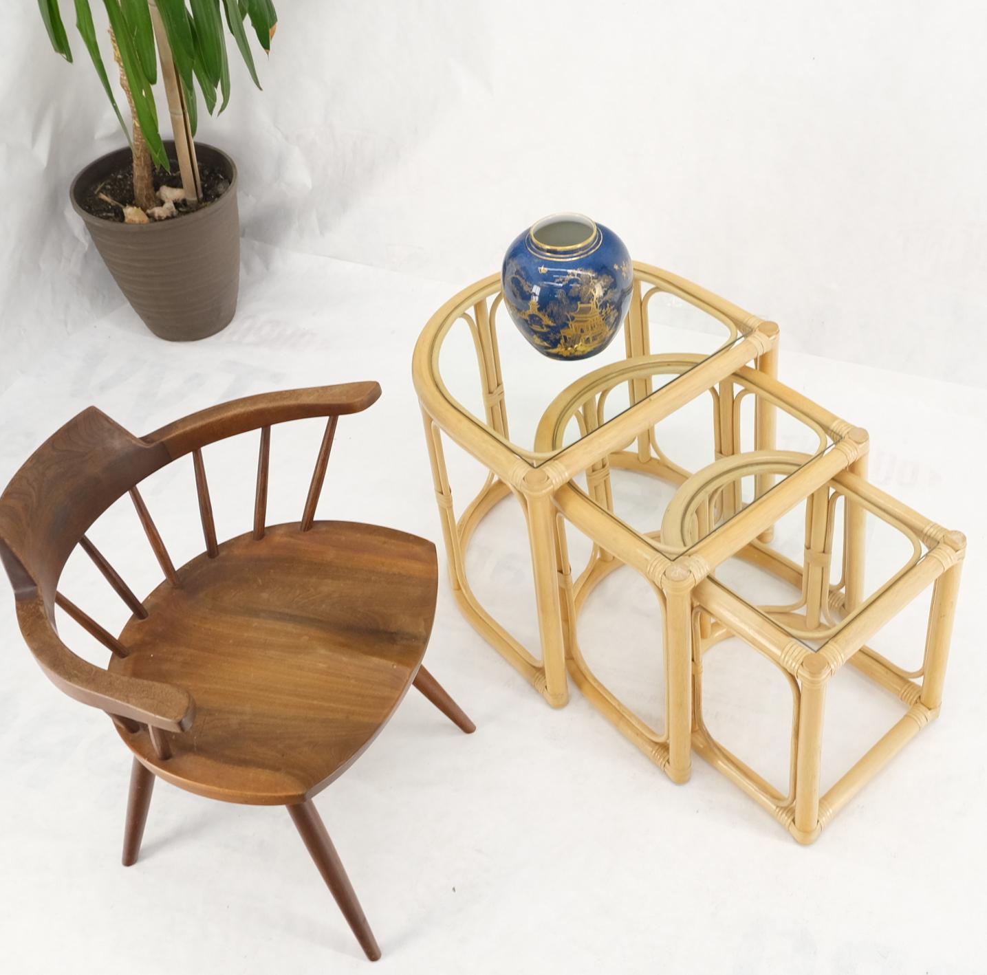 Bent Reed Bamboo Rattan Set of Three Stacking End Side Occasional Tables Stands For Sale 1