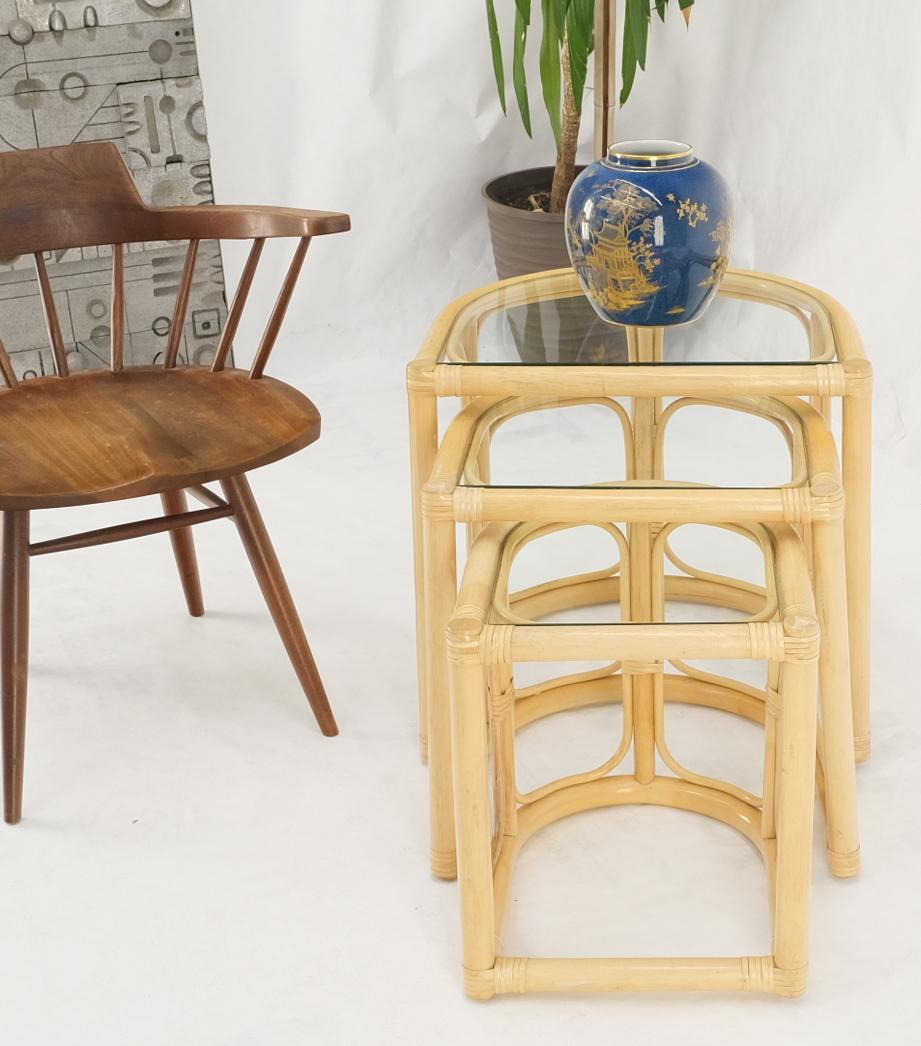 Bent Reed Bamboo Rattan Set of Three Stacking End Side Occasional Tables Stands For Sale 2