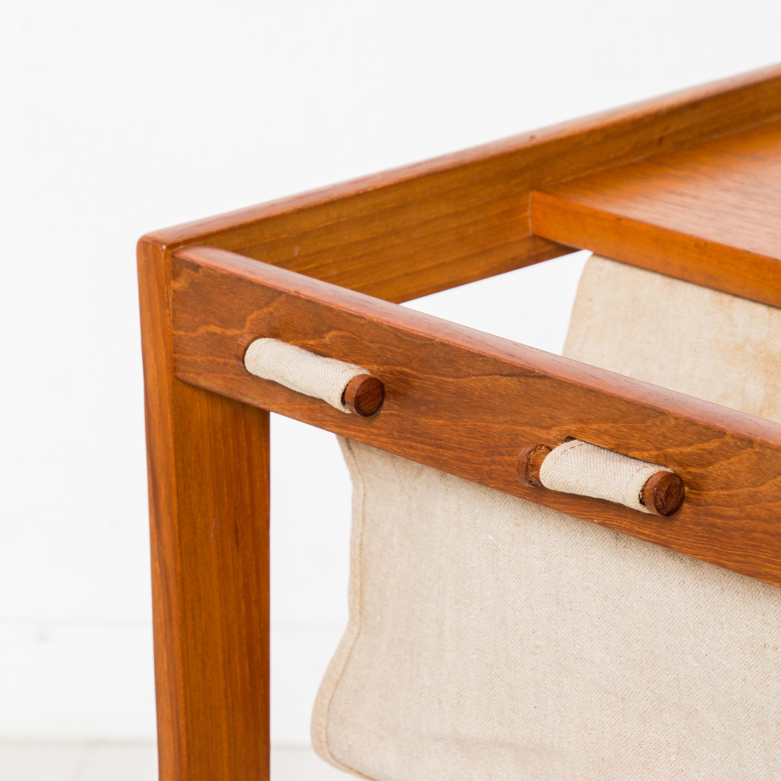 Mid-Century Modern Bent Silberg Mobler Teak Side Table with Canvas Magazine Holder Denmark 1960s