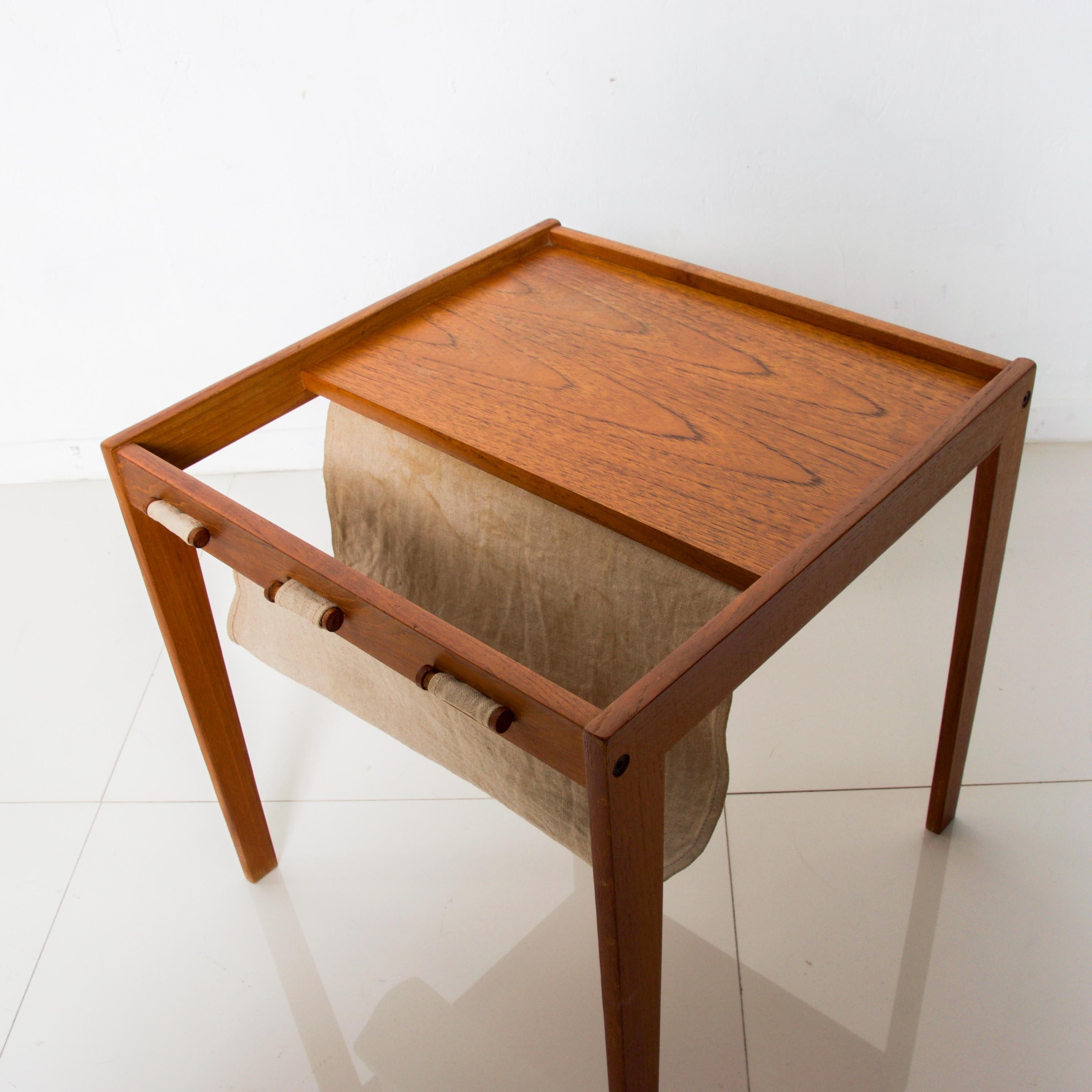 Danish Bent Silberg Mobler Teak Side Table with Canvas Magazine Holder Denmark 1960s