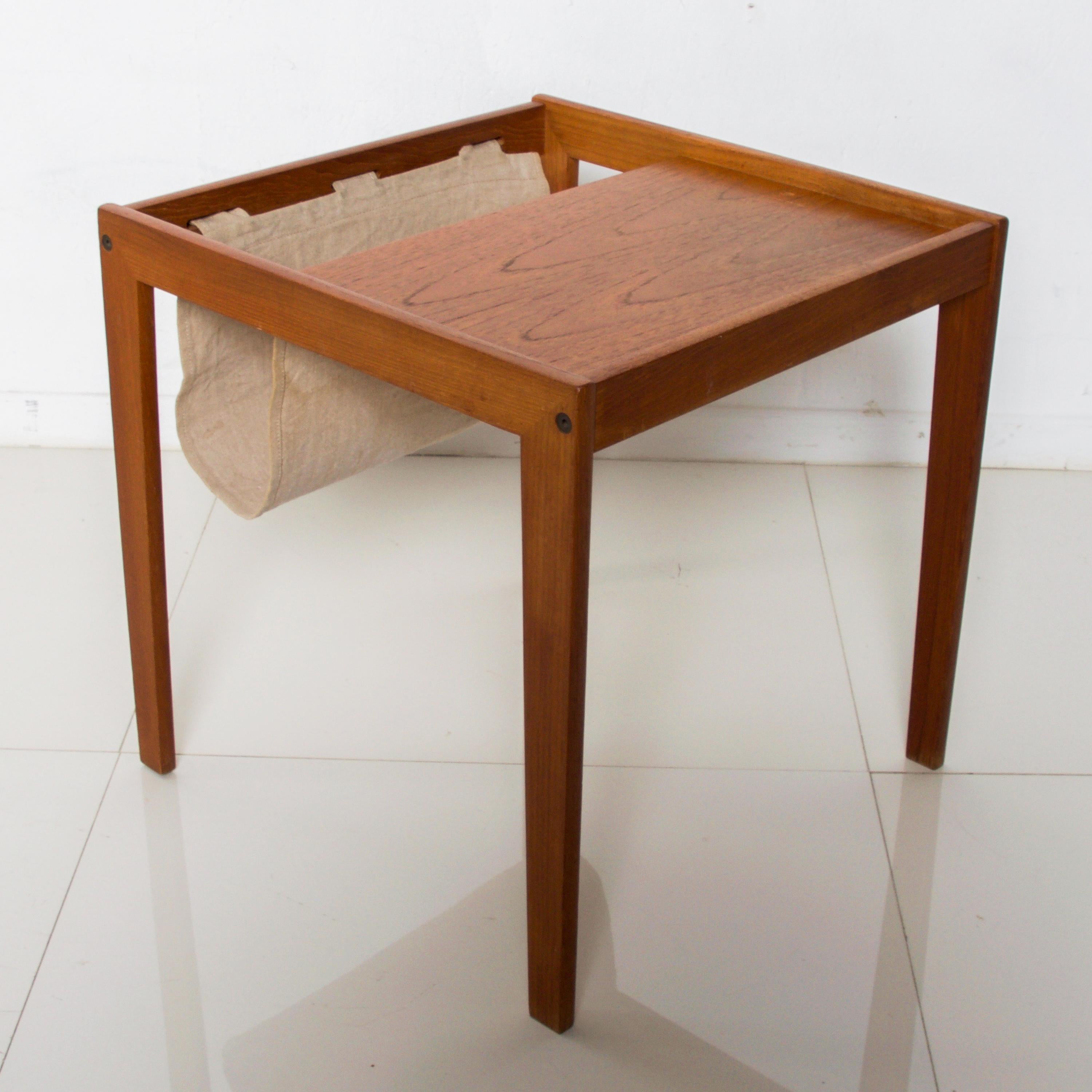 Bent Silberg Mobler Teak Side Table with Canvas Magazine Holder Denmark 1960s 1