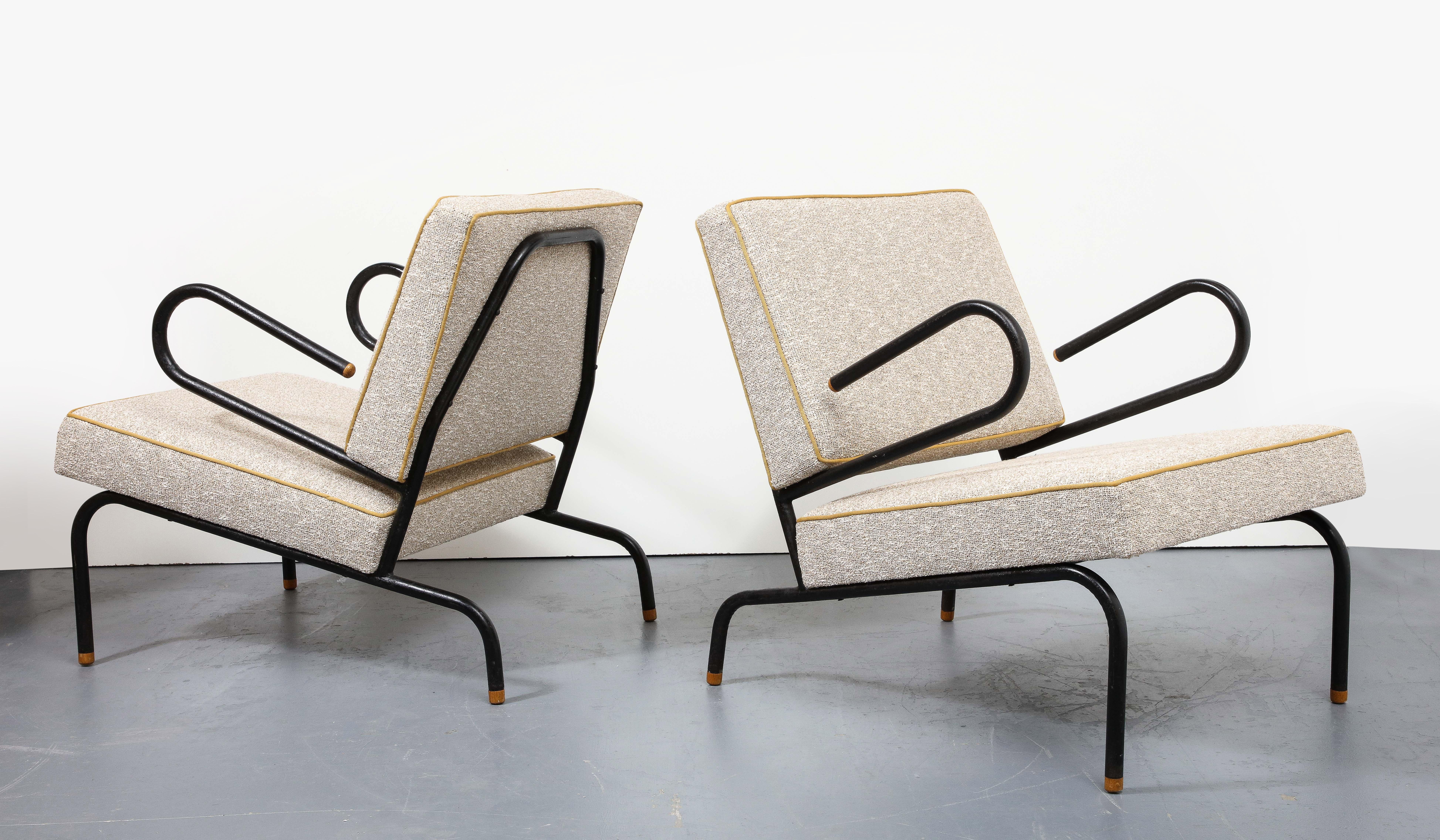 Two Available; Priced Individually

Graphic bent metal lounge chairs by celebrated architect and designer Jacques Hitier. These chairs are a great example of Hitier's design work.

The upholstery on these chairs is fresh, but not new. Springs and