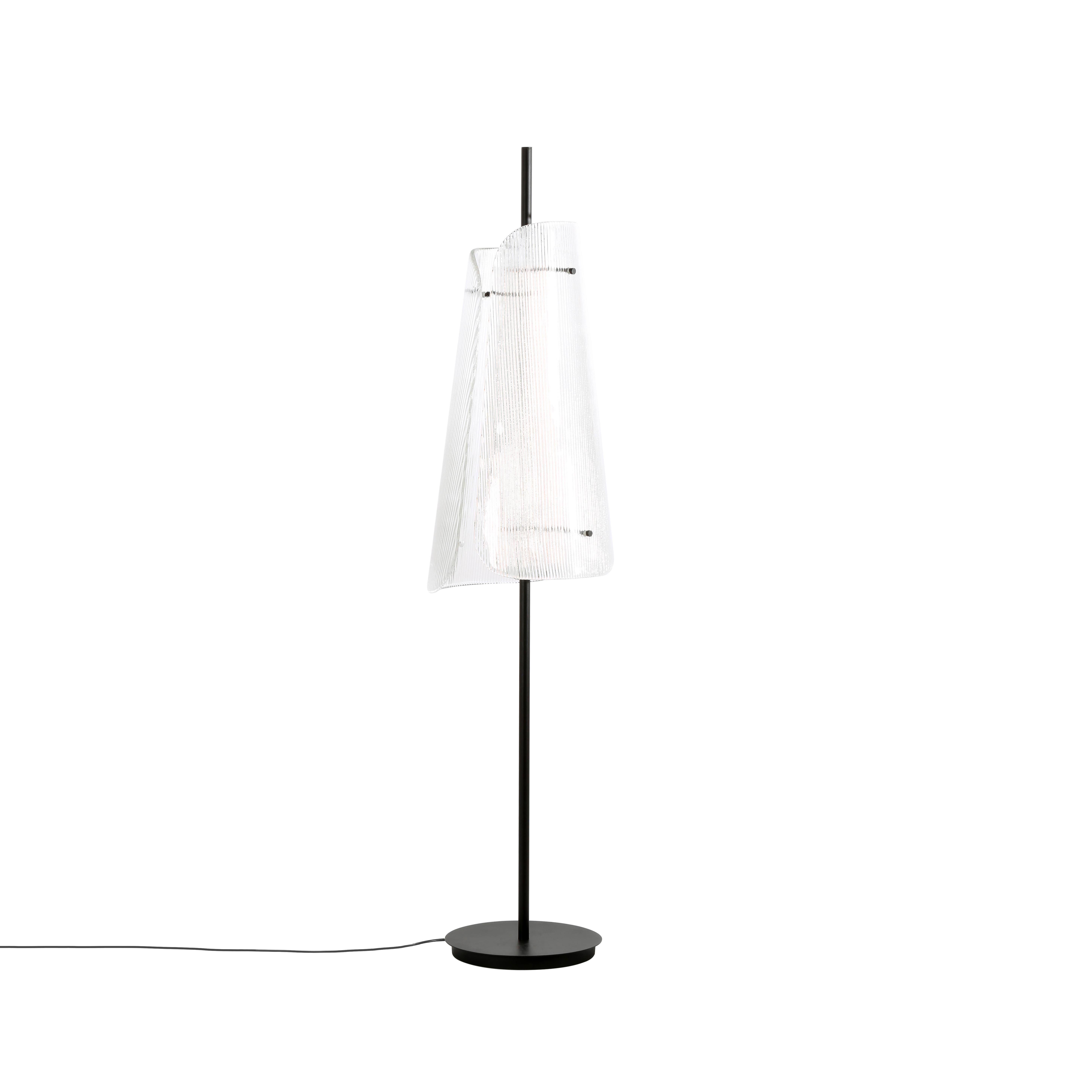 Bent two transparent black floor lamp by Pulpo
Dimensions: D34 x H164 cm
Materials: Steel powder coated, 2 shades, casted glass, textile.

Also available in different finishes: Smoky grey black, transparent black, smoky grey champagner,