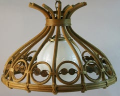 Bent Wicker and Milk Glass Pendant Light, MCM Style, 1970s, Rewired