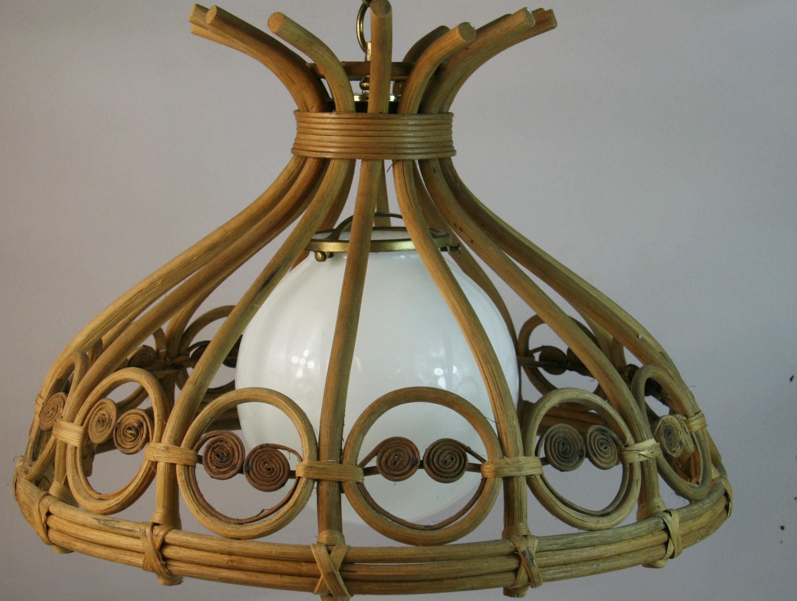 Bent Wicker and Milkglass Pendant 1970's In Good Condition For Sale In Douglas Manor, NY