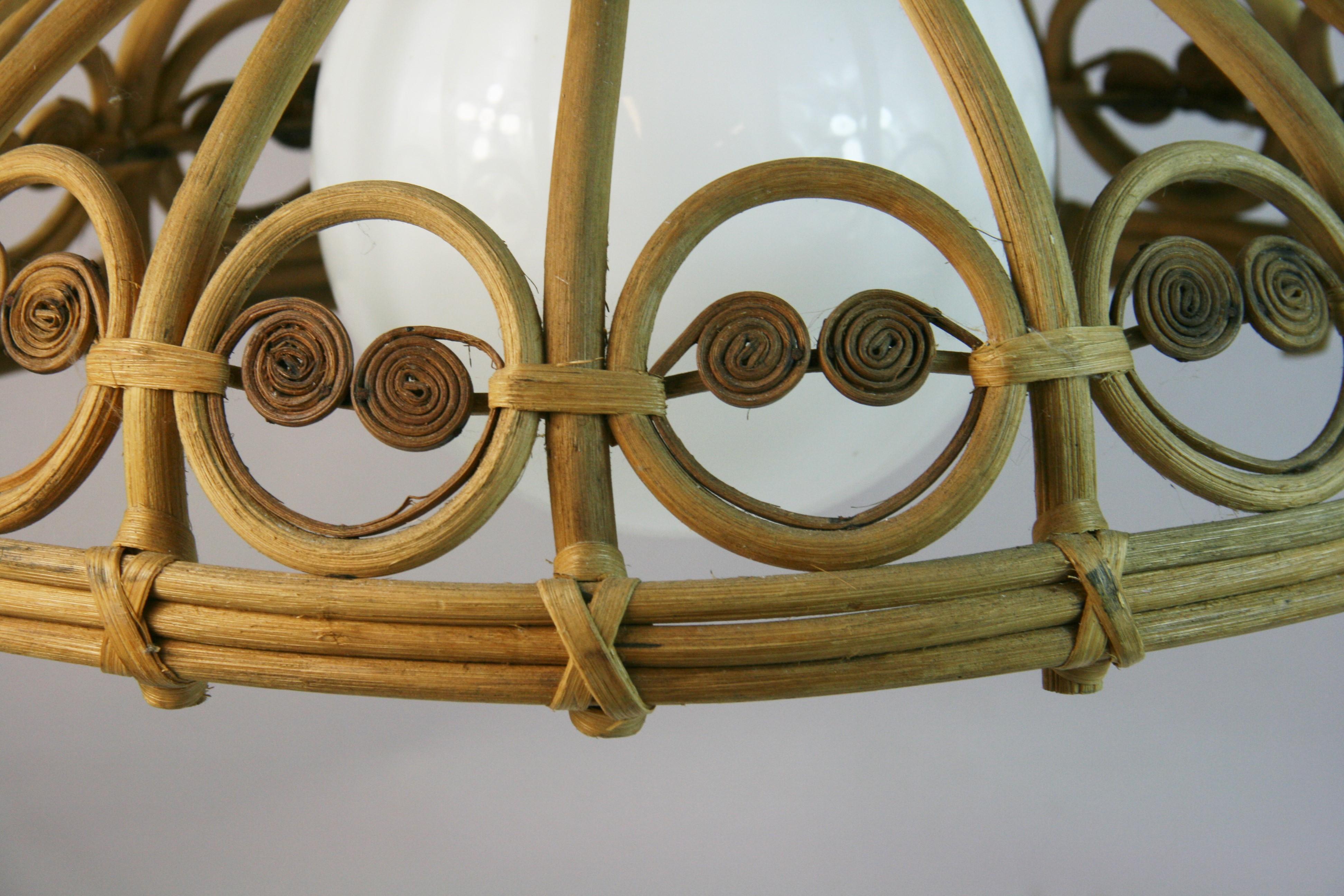 Late 20th Century Bent Wicker and Milkglass Pendant 1970's For Sale