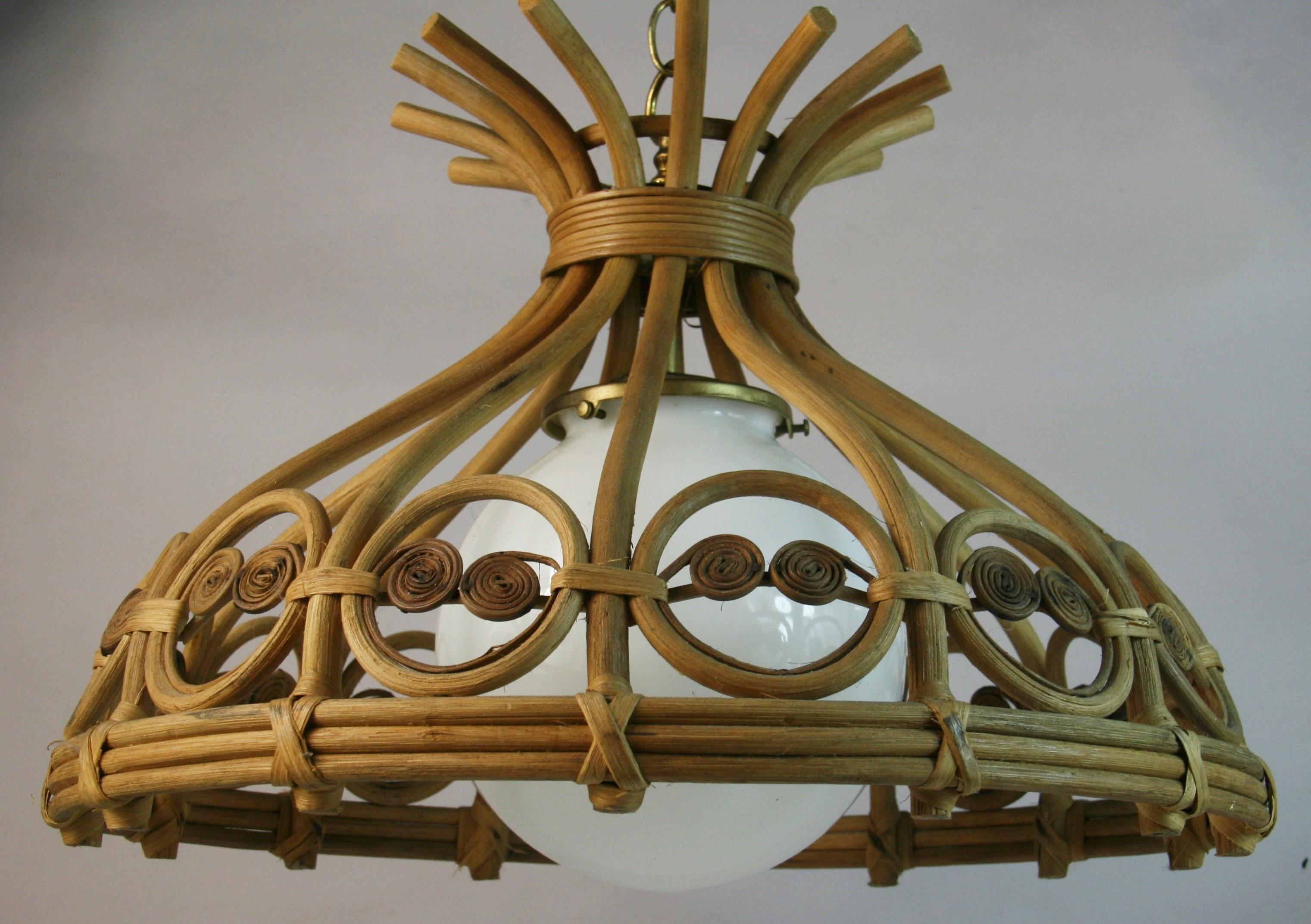 Bent Wicker and Milkglass Pendant 1970's For Sale 2