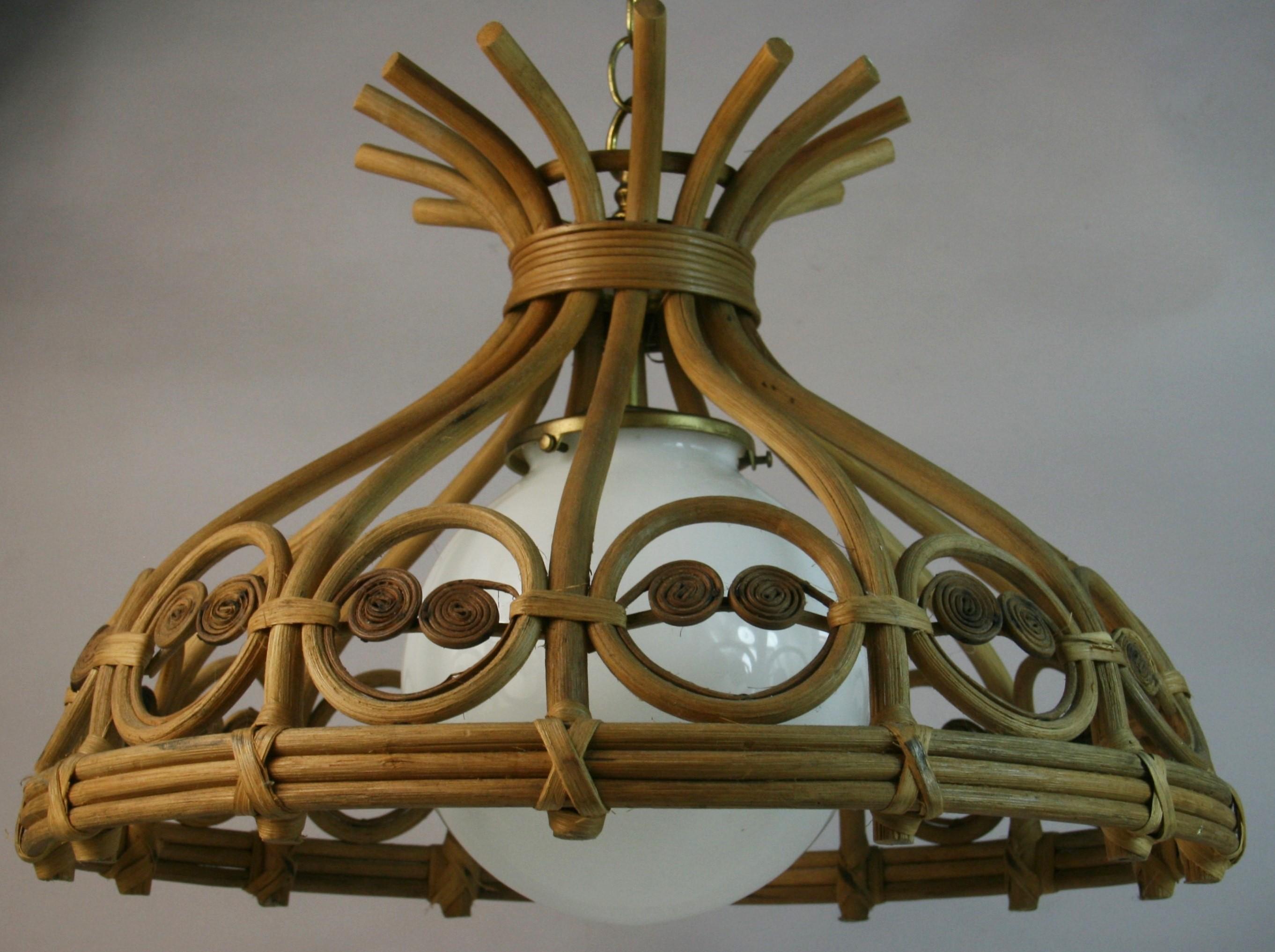 Bent Wicker and Milkglass Pendant 1970's For Sale 3