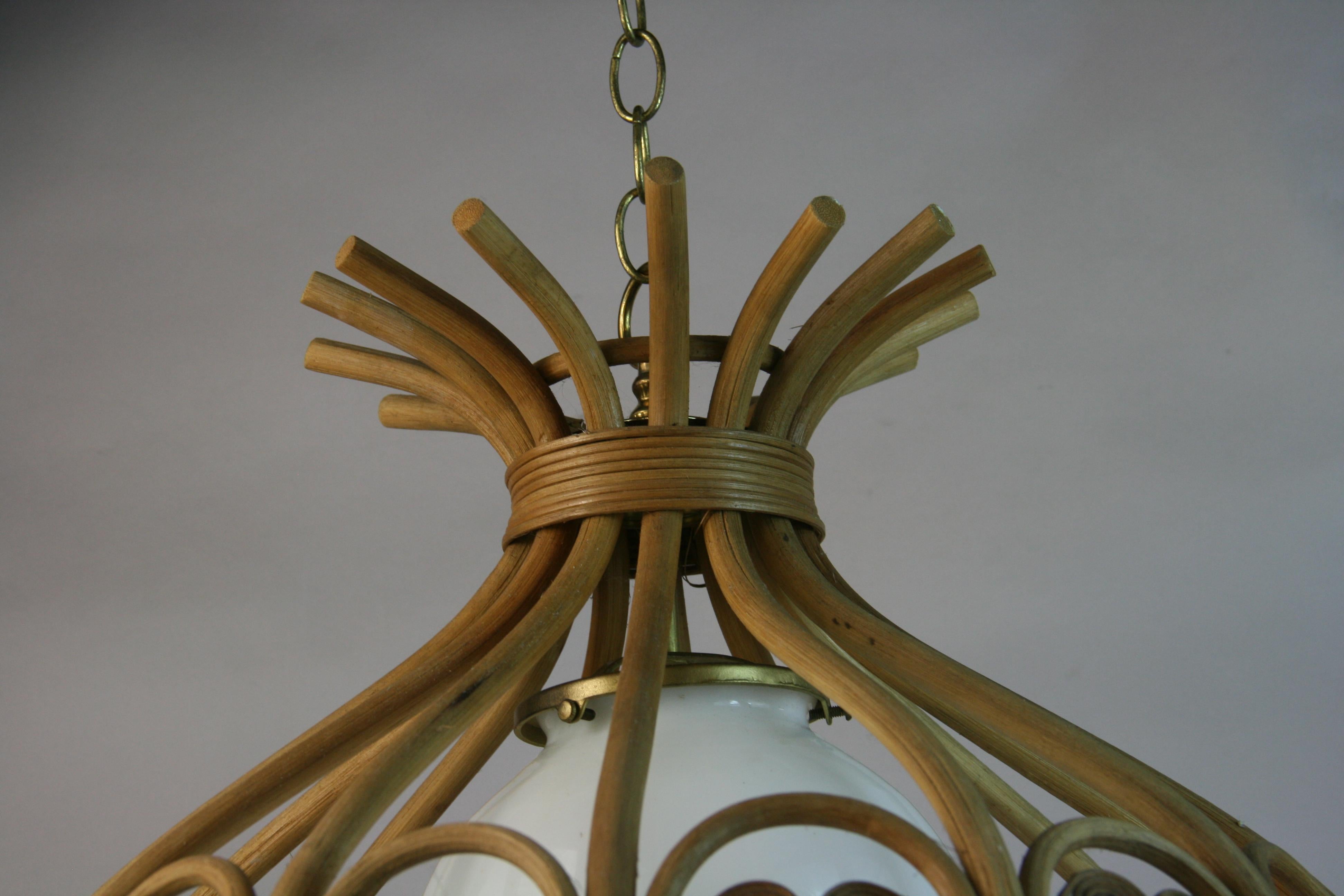 Bent Wicker and Milkglass Pendant 1970's For Sale 4