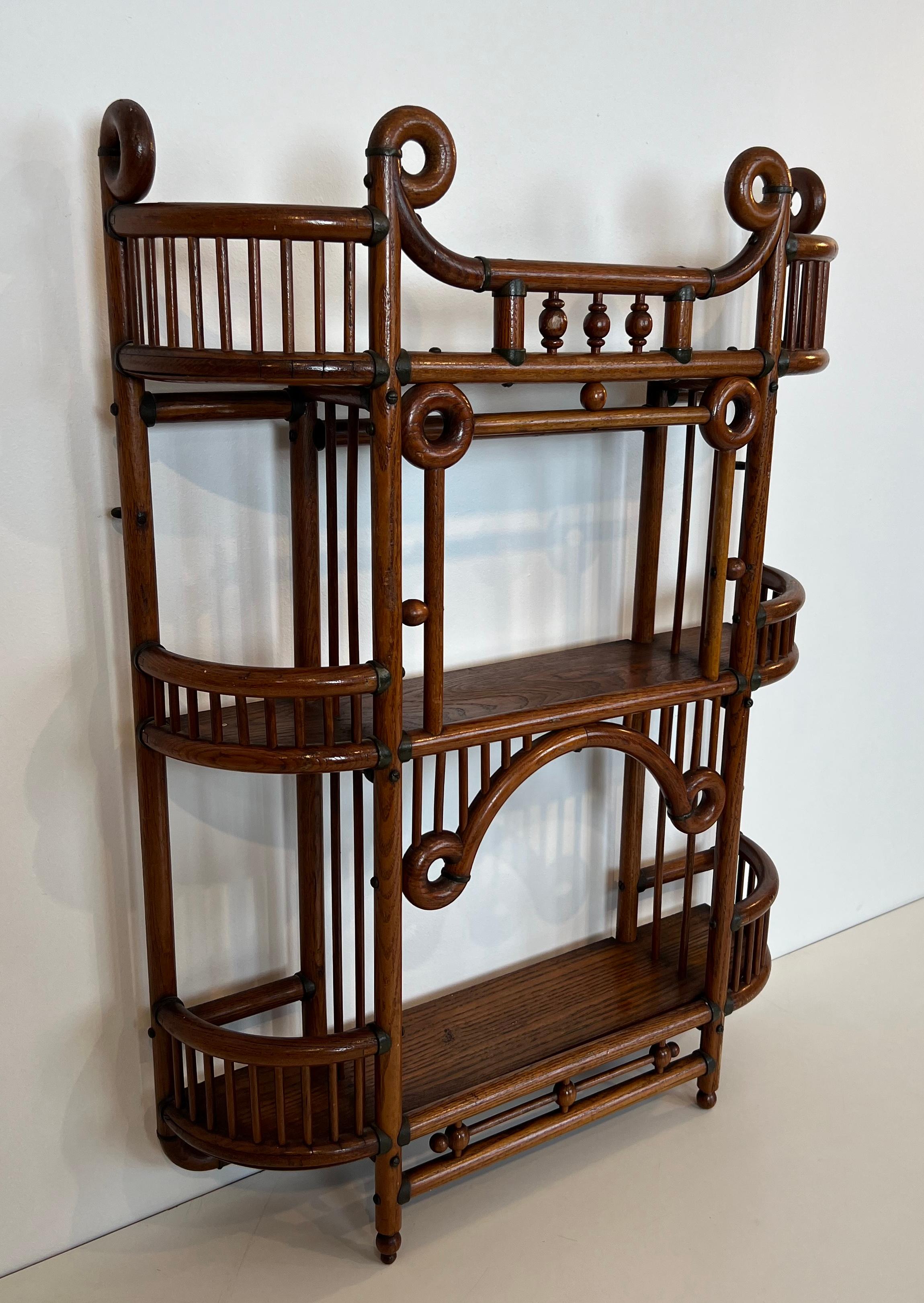 This very nice, interesting and rare shelves unit is made of bent wood and brass. This is an Art & Crafts Austrian work. Circa 1900