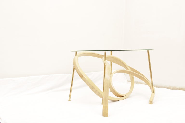 Modern Bent Wood Large Coffee Table with Brass Elements by Raka Studio For Sale