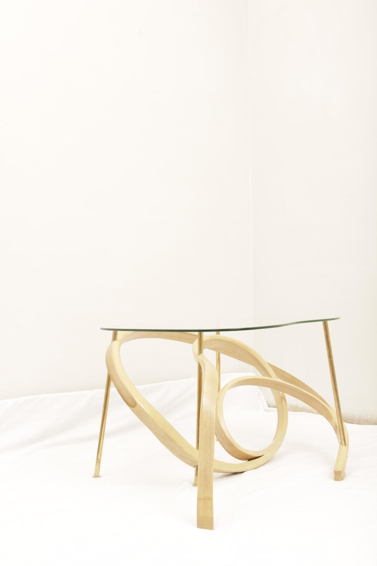 Unknown Bent Wood Large Coffee Table with Brass Elements by Raka Studio For Sale