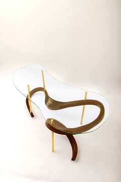Bent Wood Small Coffee Table with Brass Elements and Safety Glass by Raka Studio
