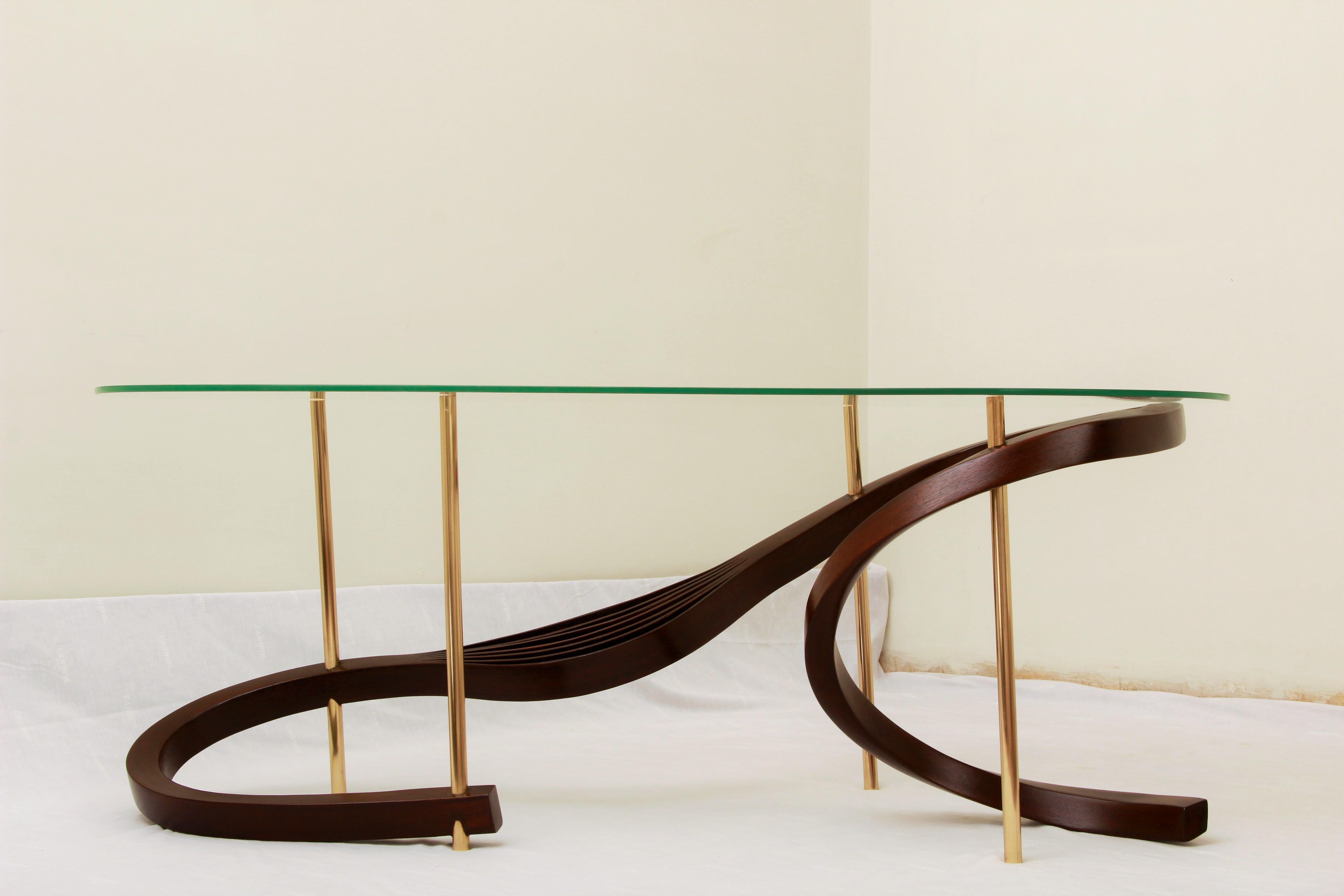 Modern Bent Wood Small Coffee Table with Brass Elements and Safety Glass by Raka Studio For Sale