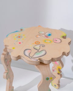 Bent Wood Stool Adorned with Colored Pencil Drawings