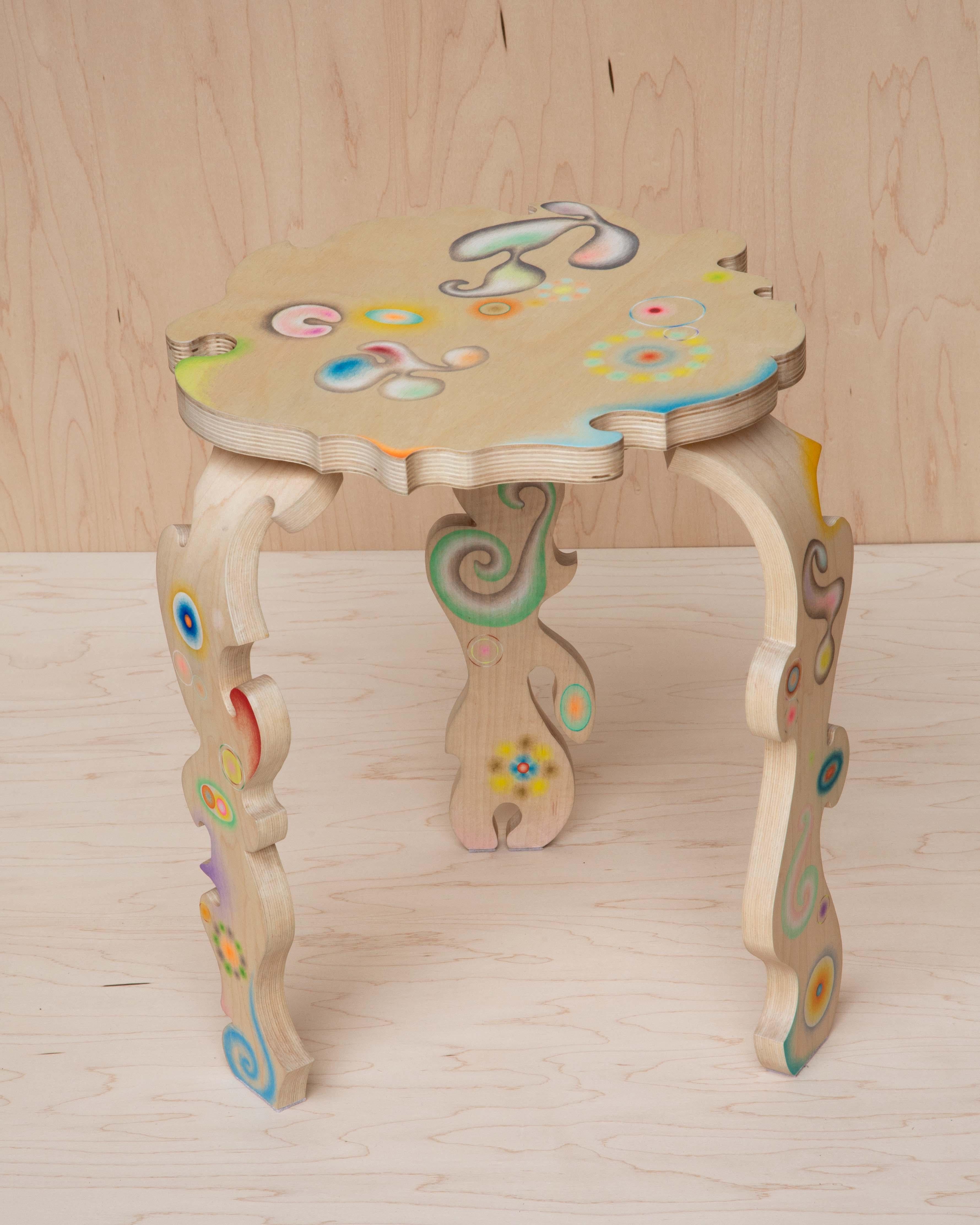 Hand-Crafted Bent Wood Stool Adorned with Colored Pencil Drawings  For Sale