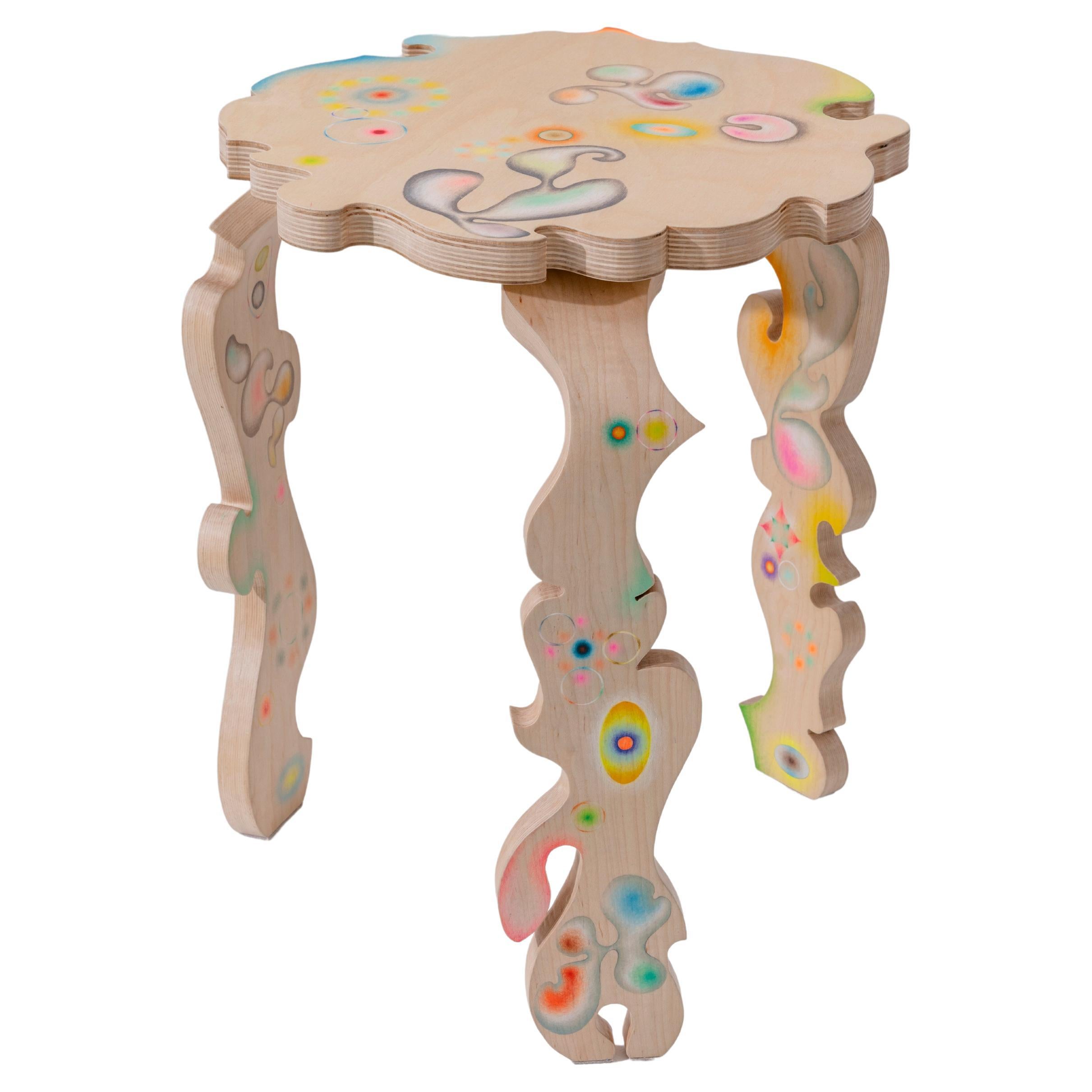 Bent Wood Stool Adorned with Colored Pencil Drawings  For Sale