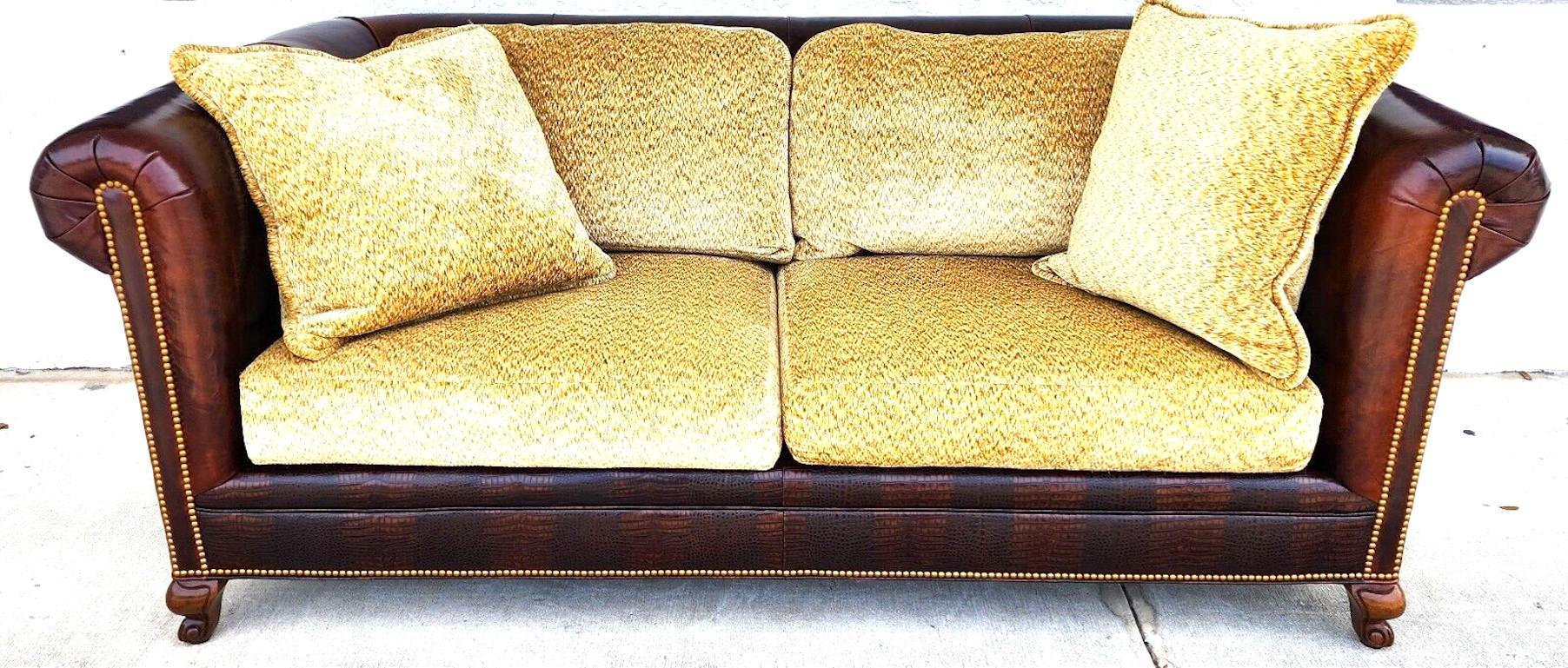 For FULL item description click on CONTINUE READING at the bottom of this page.
Offering One Of Our Recent Palm Beach Estate Fine Furniture Acquisitions Of A
Ralph Lauren Style BENTLEY CHURCHILL Top-Grade Leather and Fabric Sofa

This is an