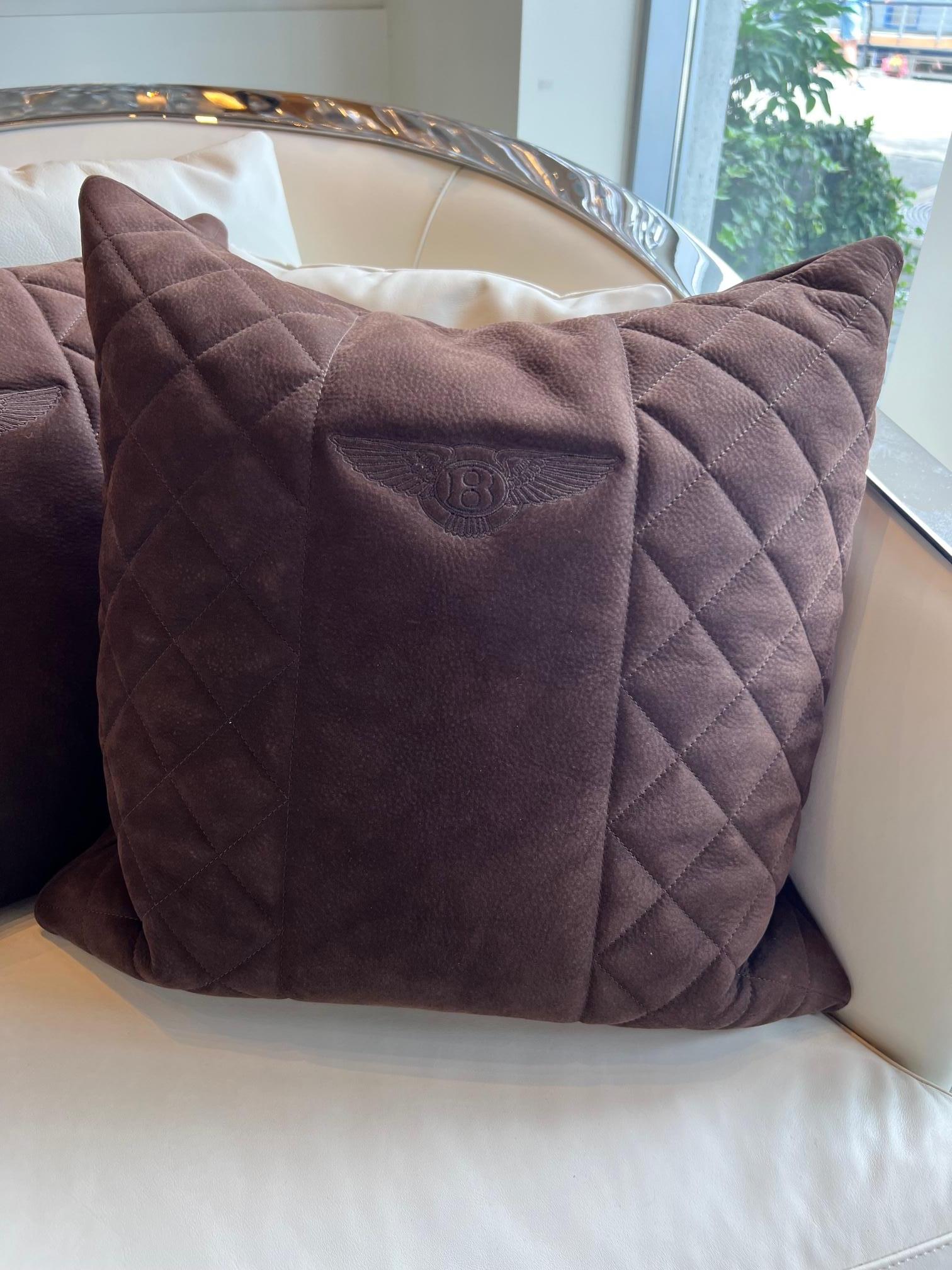 Beautifully embroidered logo Bentley Home chocolate brown suede nubuk leather quilted  cushions, sold as pair
