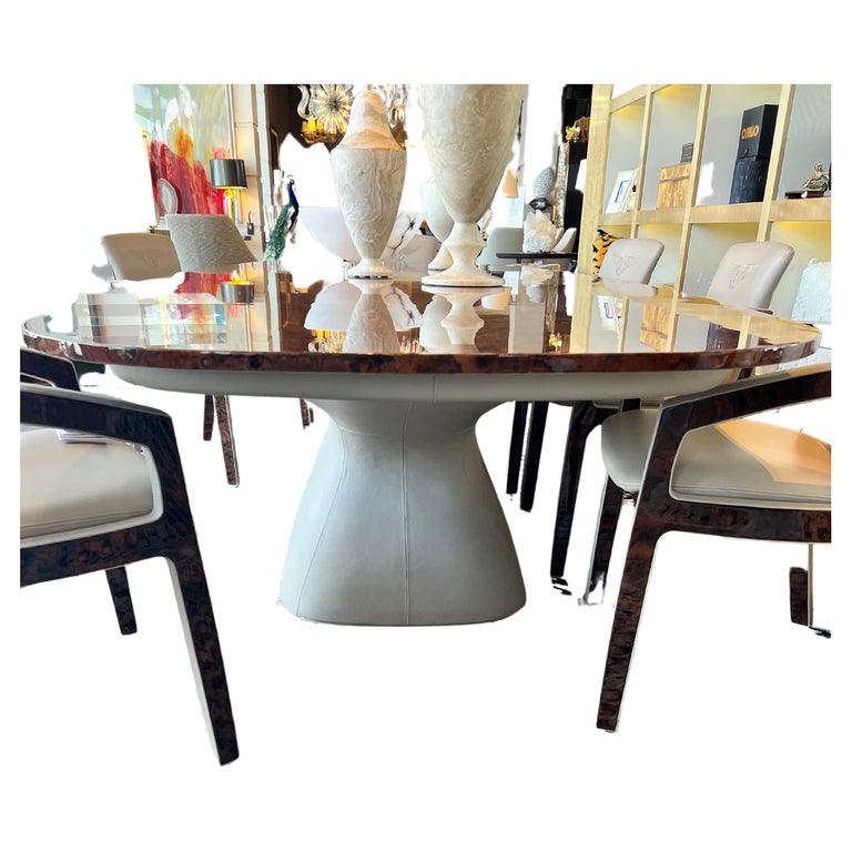 Bentley Home walnut burl and leather dining table and chairs For Sale
