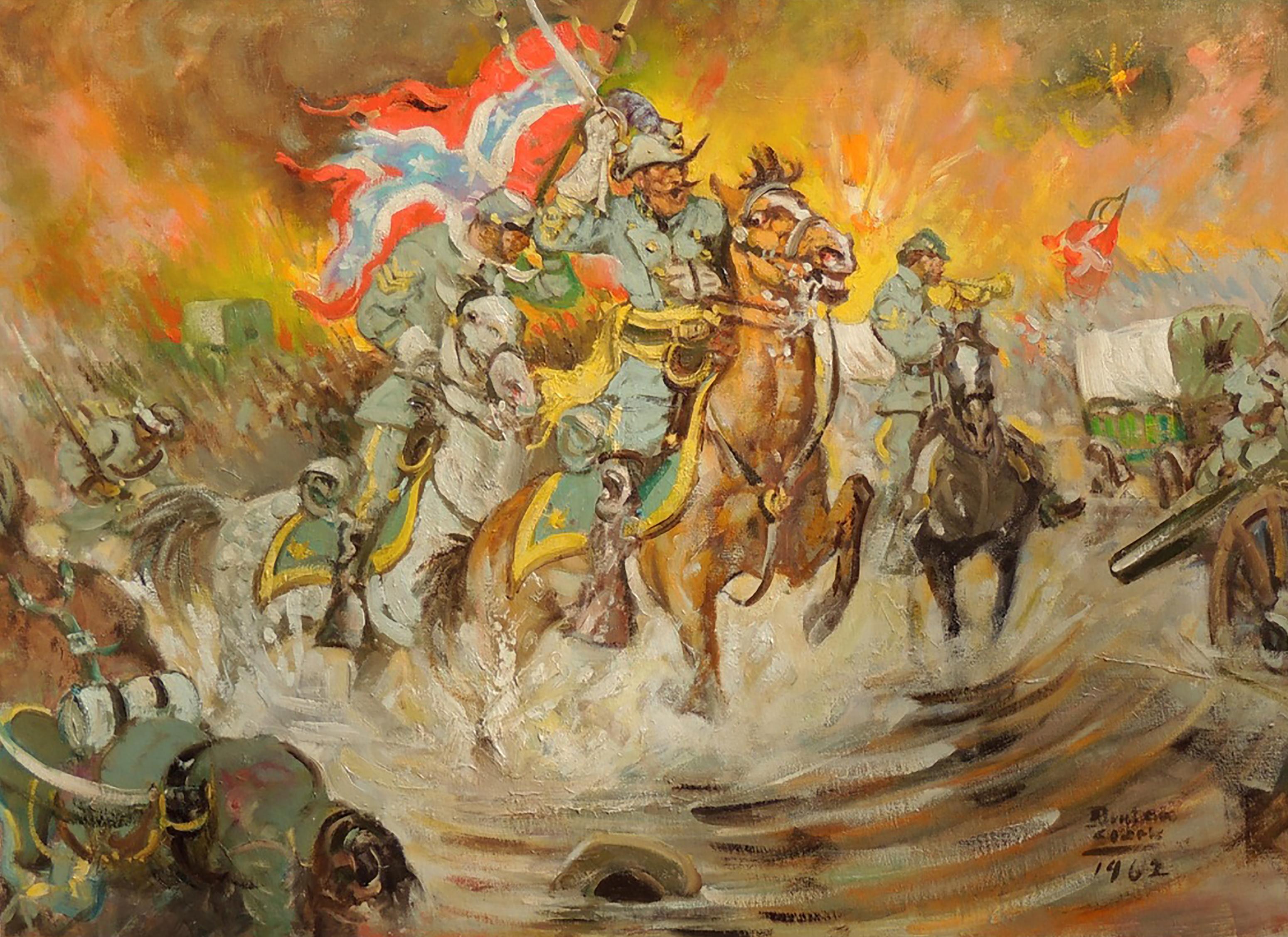 Figurative Painting Benton Clark - Charge, General Jeb Stuart Leading Charge dans la guerre de Sécession