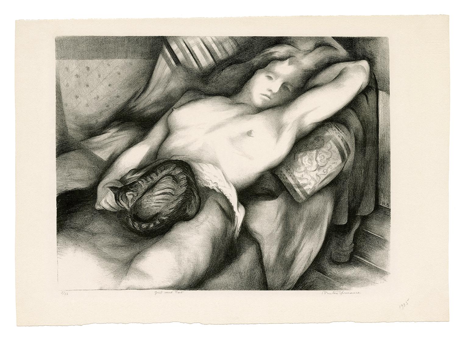 'Girl and Cat' — 1930s Modernism  - Print by Benton Murdoch Spruance