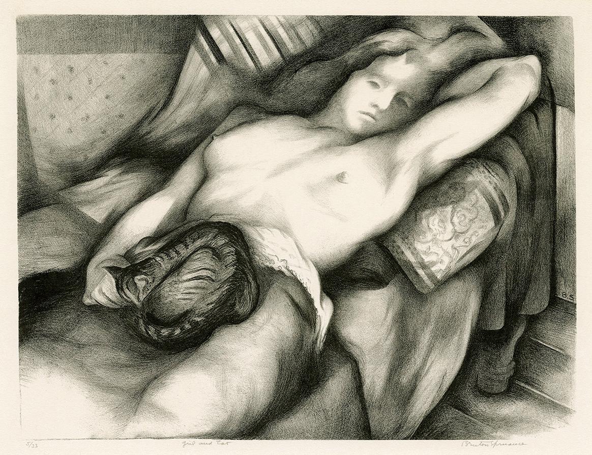 Benton Murdoch Spruance Figurative Print – Mädchen und Katze" - Modernismus der 1930er Jahre