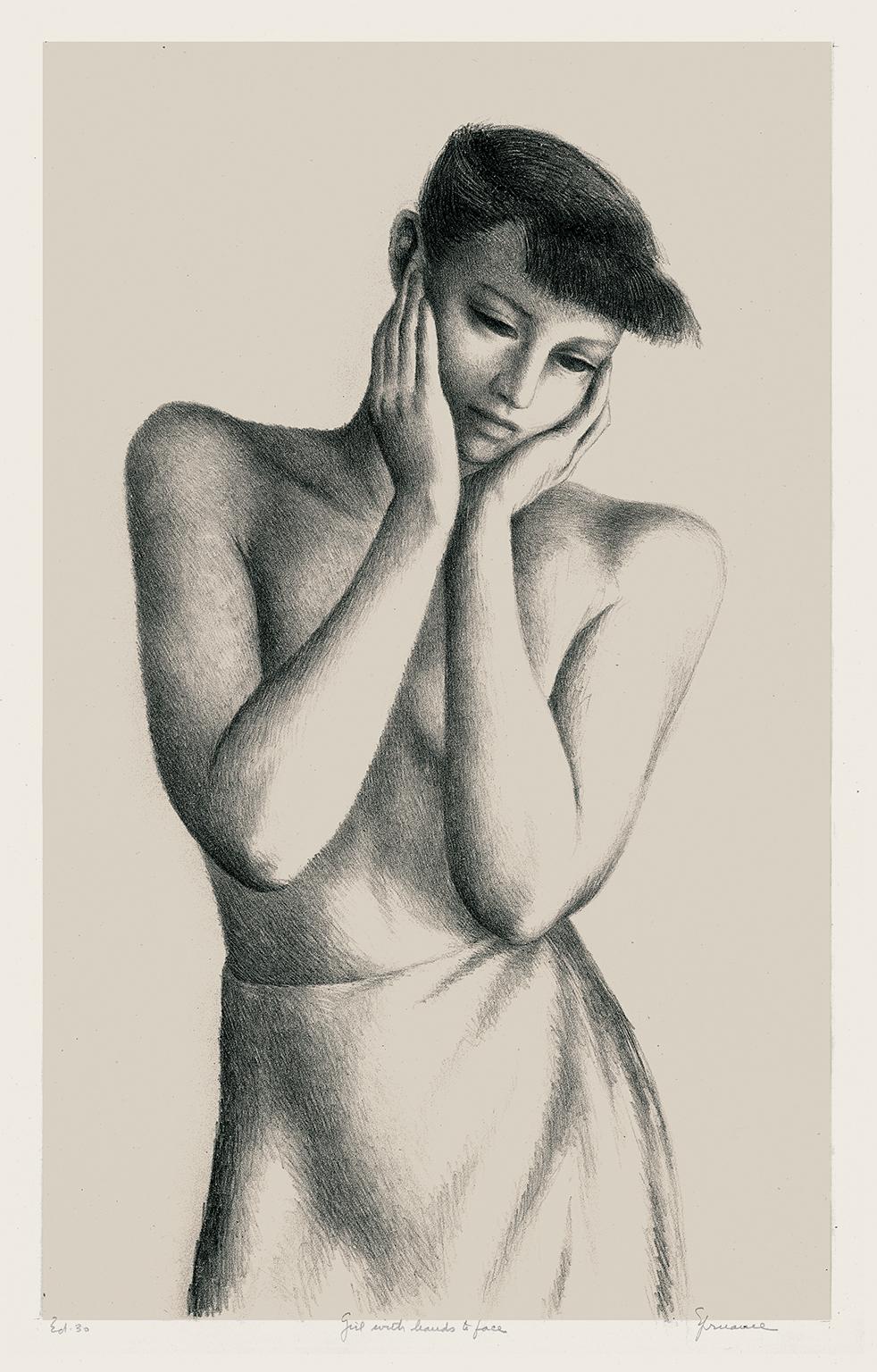 Benton Murdoch Spruance Nude Print – Das Mädchen mit den Händen im Gesicht" - Modernität der Jahrhundertmitte