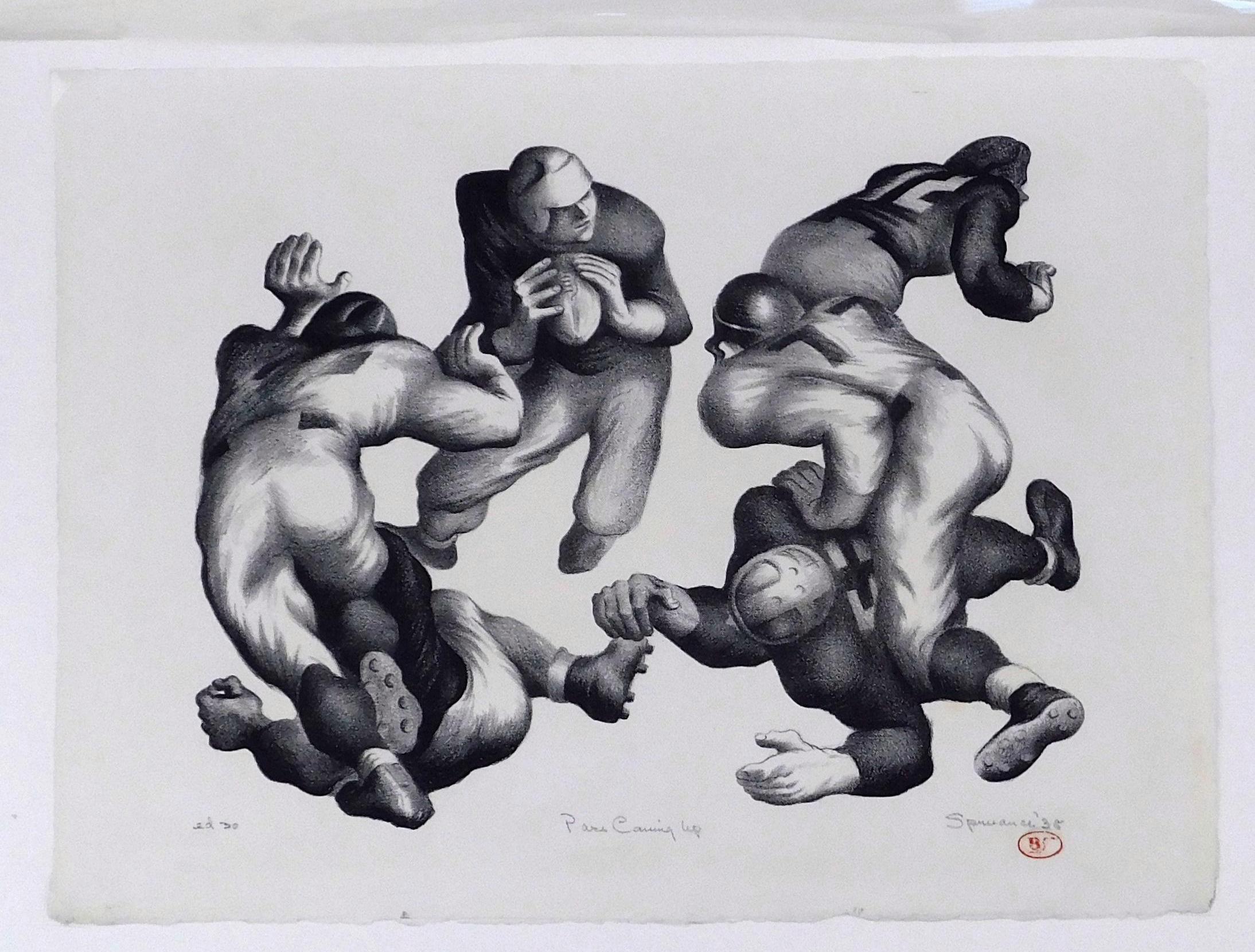 Lithographie originale - Sujet Football - Gris Figurative Print par Benton Murdoch Spruance