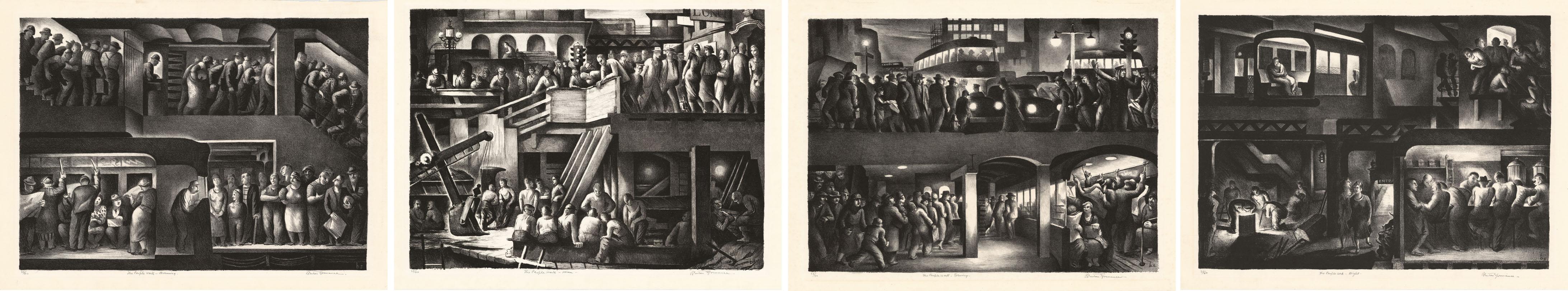 Benton Murdoch Spruance Figurative Print - The People Work, Morning - Noon - Evening - Night. [set of four].