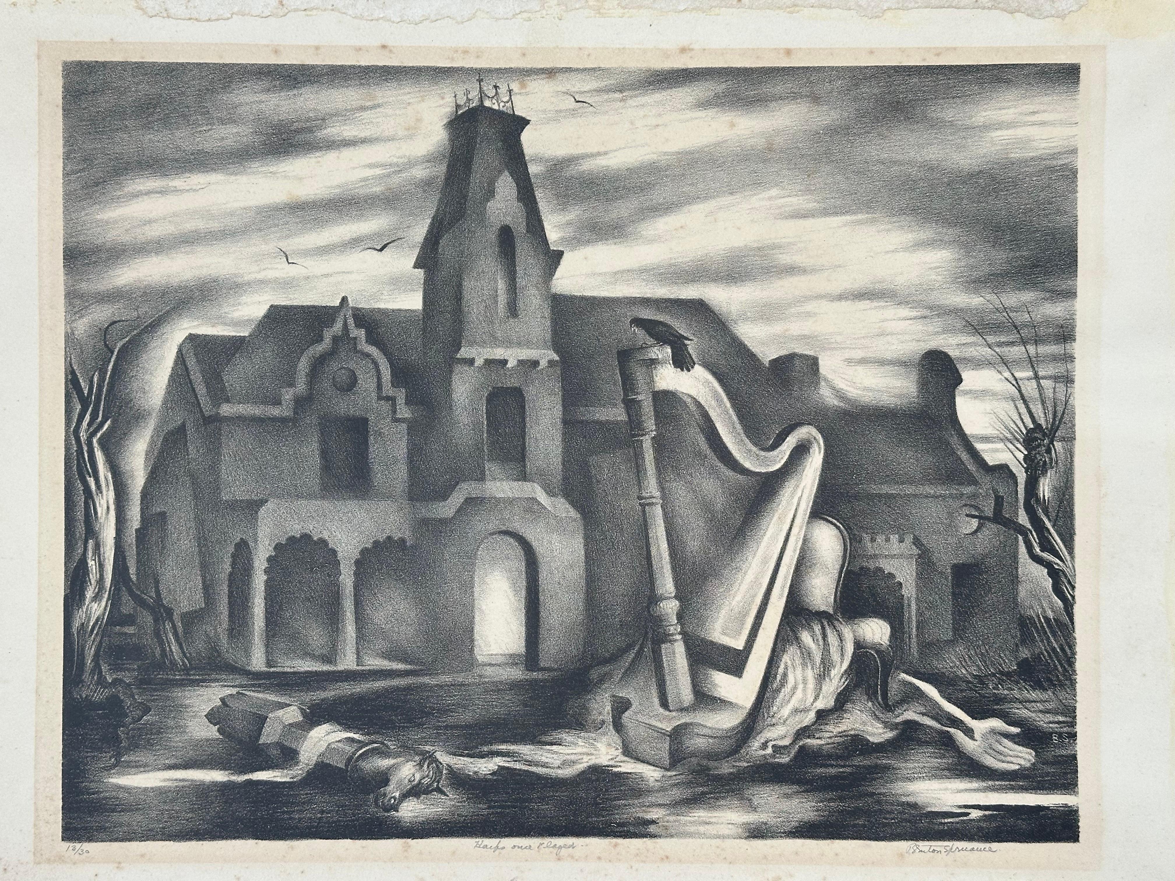 Landscape Print de Benton Spruance - Arpas Tocadas Una Vez (Paisaje Surrealista)