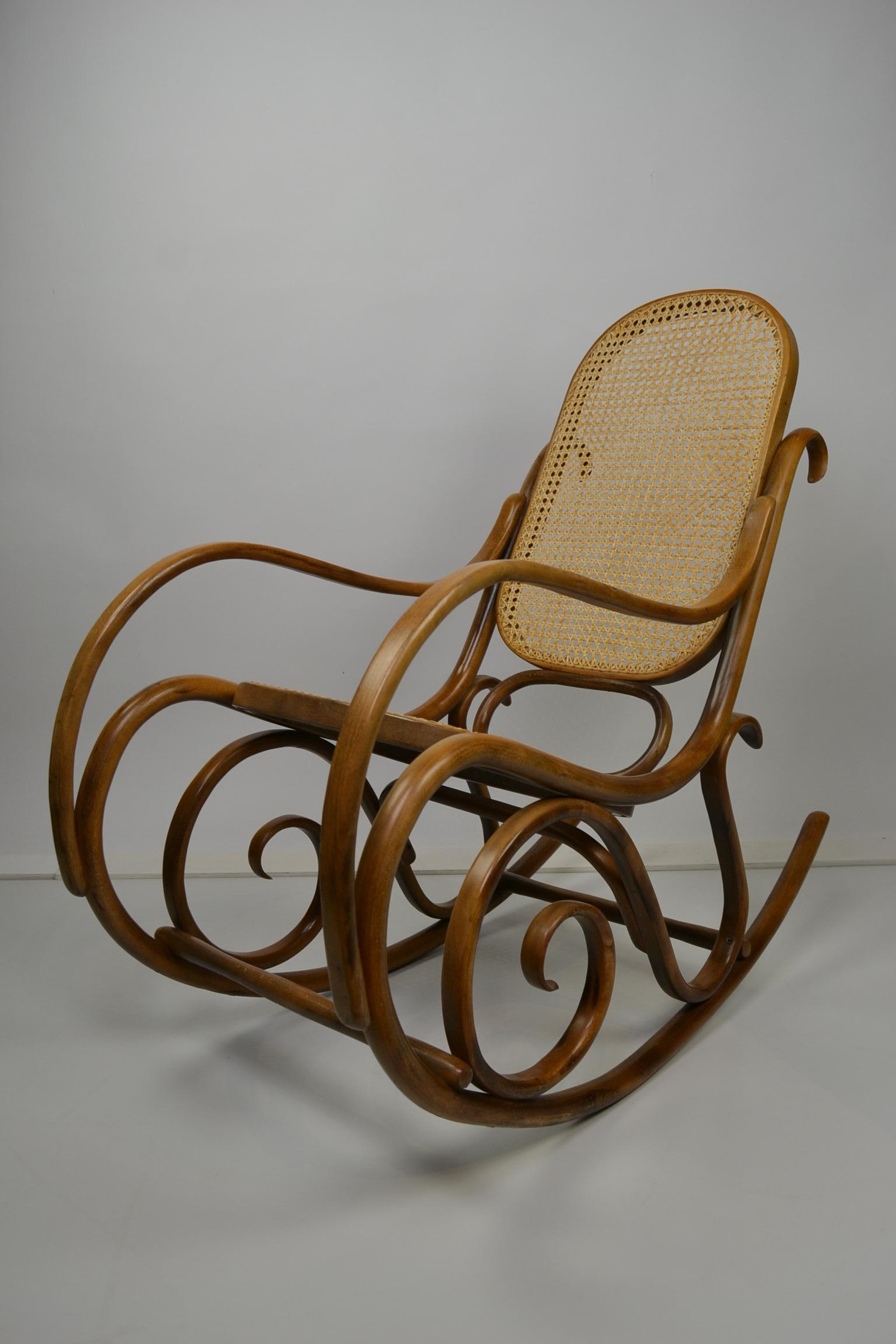 Bentwood and Cane Rocking Chair, Thonet Style 9