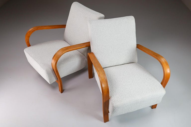 Mid-Century Modern Bentwood Armchairs in Re-Upholstered in Boucle by Karel Koželka & Antonín Kropá For Sale