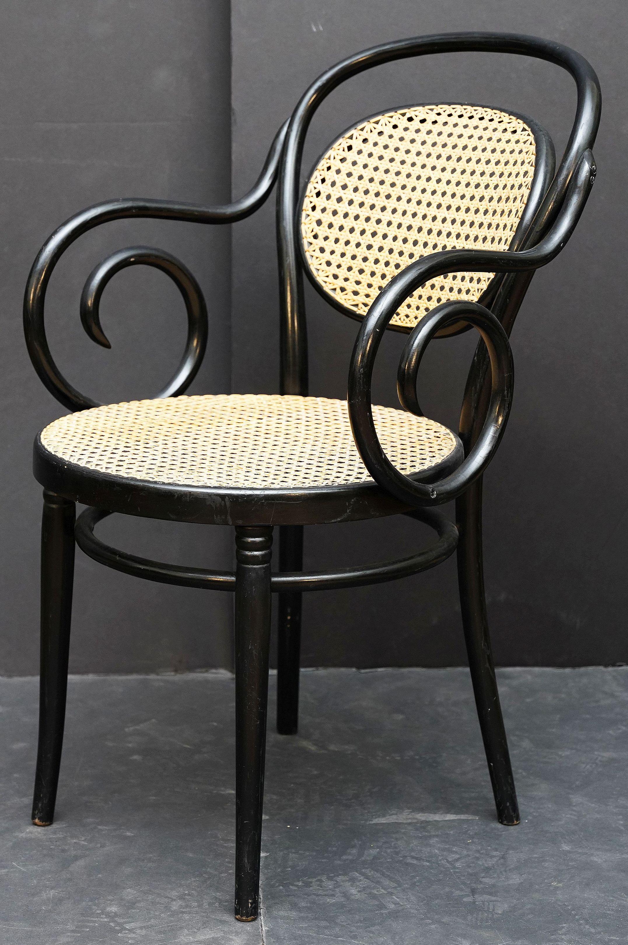 Fauteuil en bois courbé noir avec assise et dossier cannés d'Italie (Deux Disponibles) en vente 4