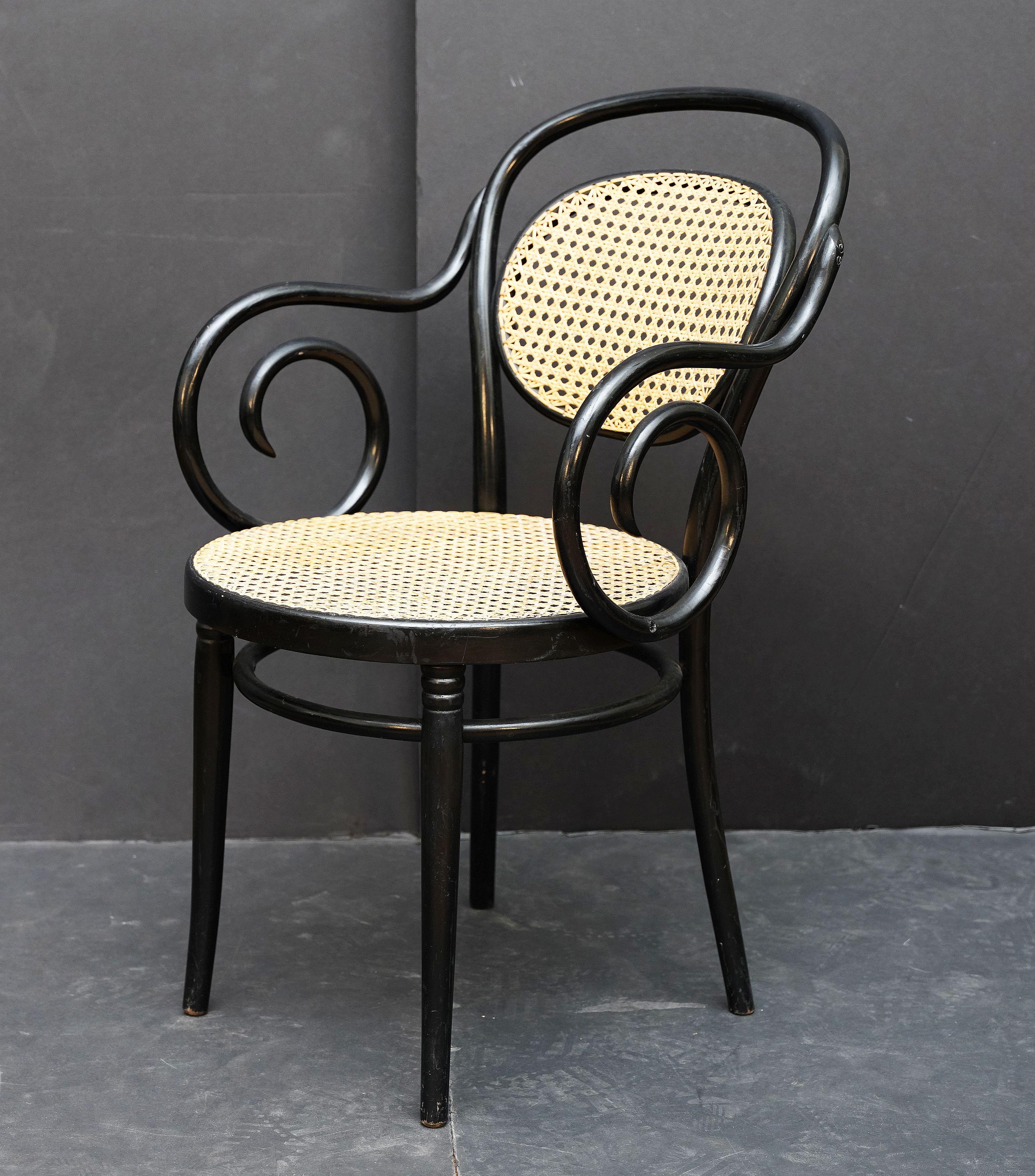 Fauteuil en bois courbé noir avec assise et dossier cannés d'Italie (Deux Disponibles) en vente 5
