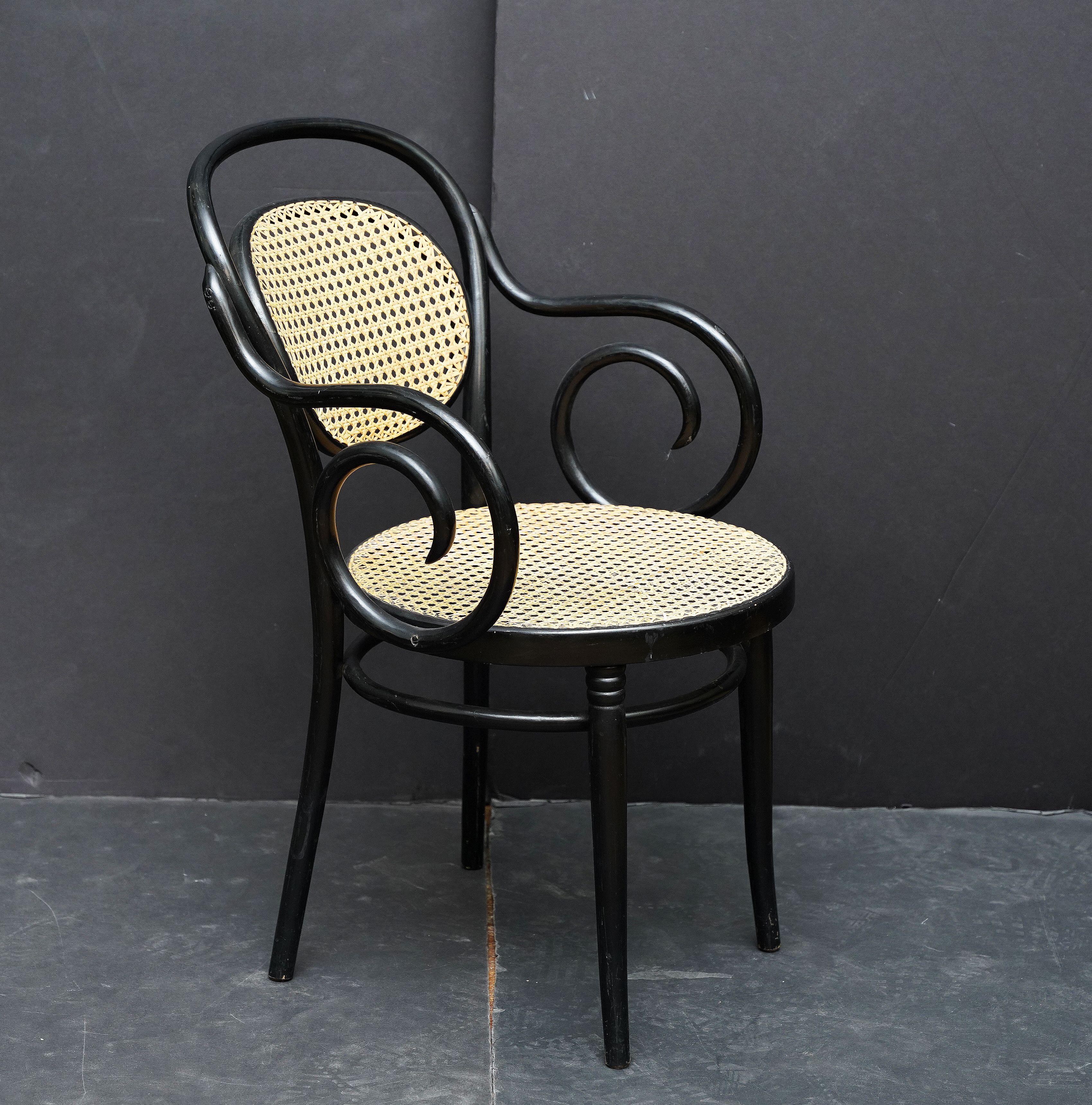 Fauteuil en bois courbé noir avec assise et dossier cannés d'Italie (Deux Disponibles) en vente 7